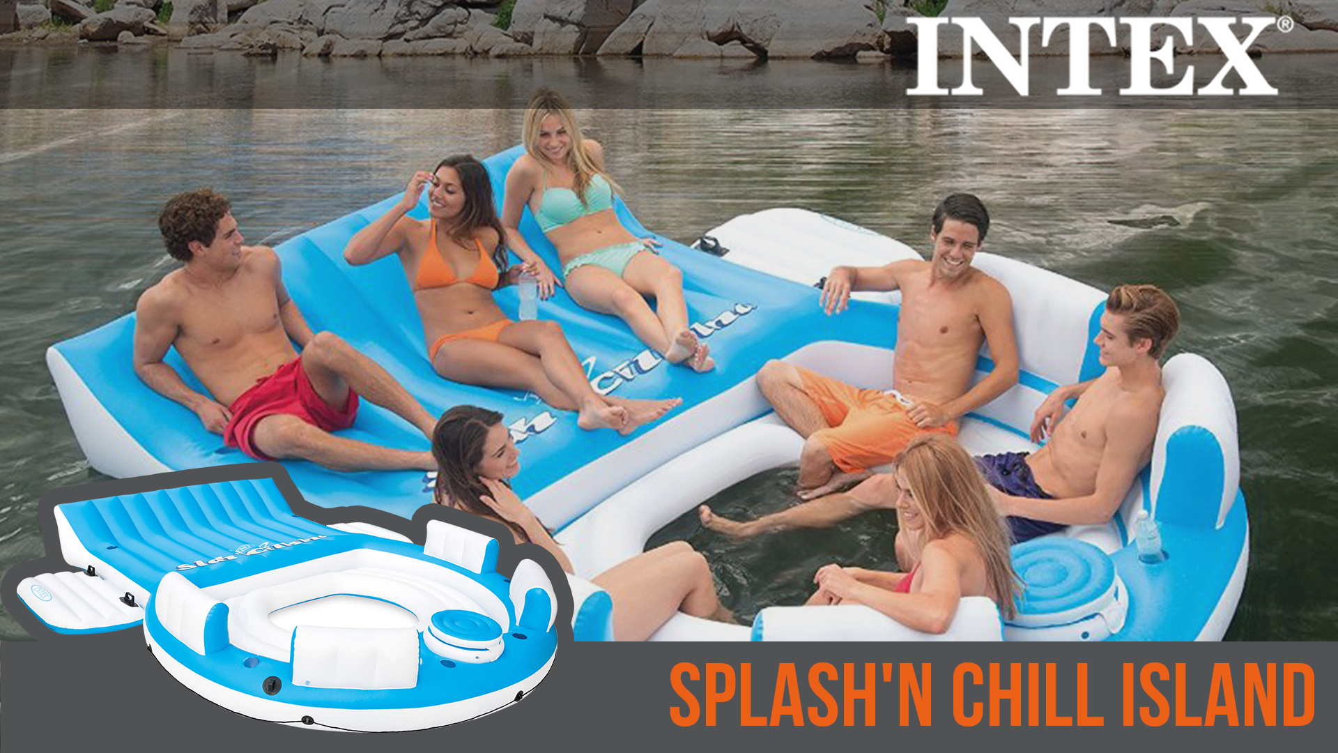 thumbnail video image 2 of Intex: Splash 'n Chill Island - Inflatable Relaxation Lake Island Float, 145" x 125" x 20", Blue & White, Oversized Water Float Has Seating For Multiple People, Built-In Cupholders, Built-In Cooler, 2 of 12