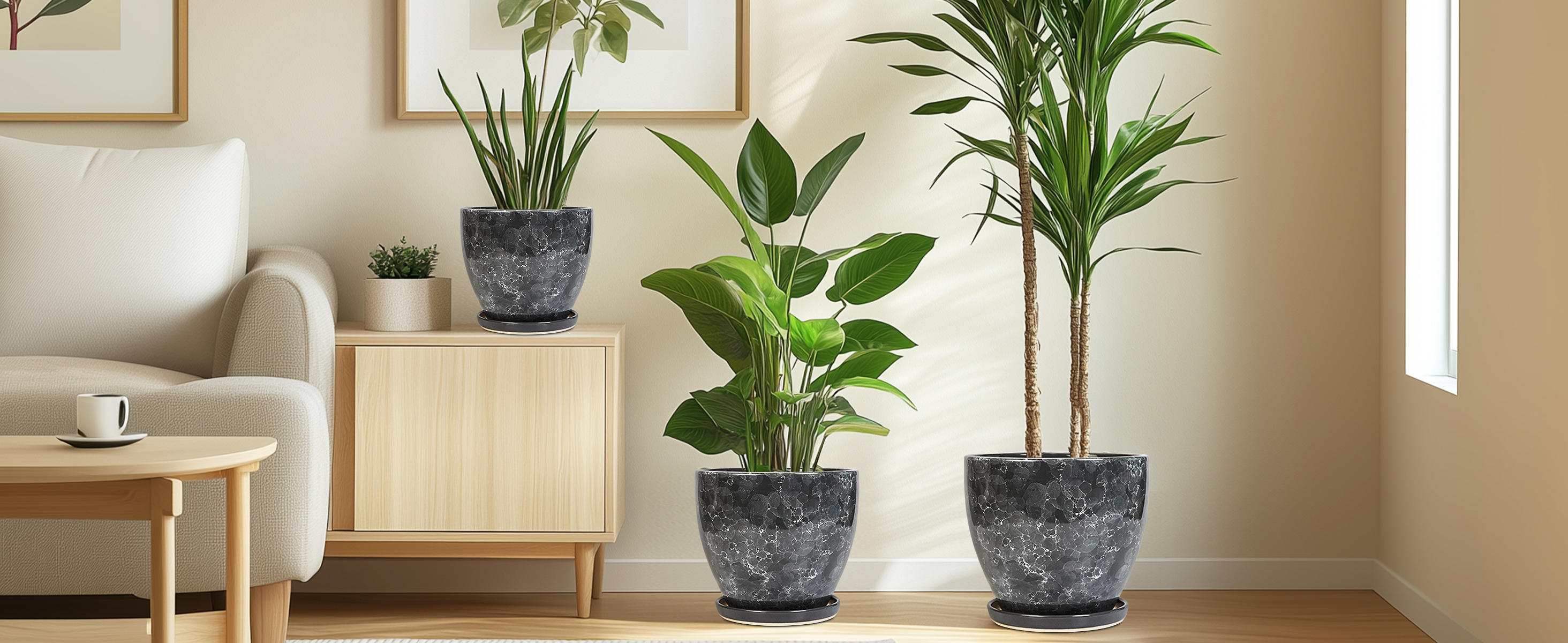 thumbnail video image 2 of 6+8+10 inch Ceramic Planter Set - Modern Pots with Drainage Hole for Orchids & Live Houseplants Housewarming Gift for Women Grey Gemstone, 2 of 8