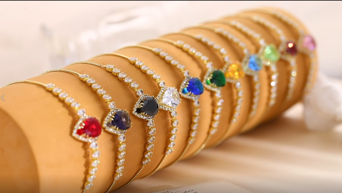 thumbnail video image 2 of Linawe Emerald Green Bracelet for Women, 14K Gold Plated Chain Charm Bracelet Crystal Diamond Rhinestone Birthstone Moissanite Cubic Zirconia Bracelet Set, Prom Costume Wedding Jewelry, 2 of 7
