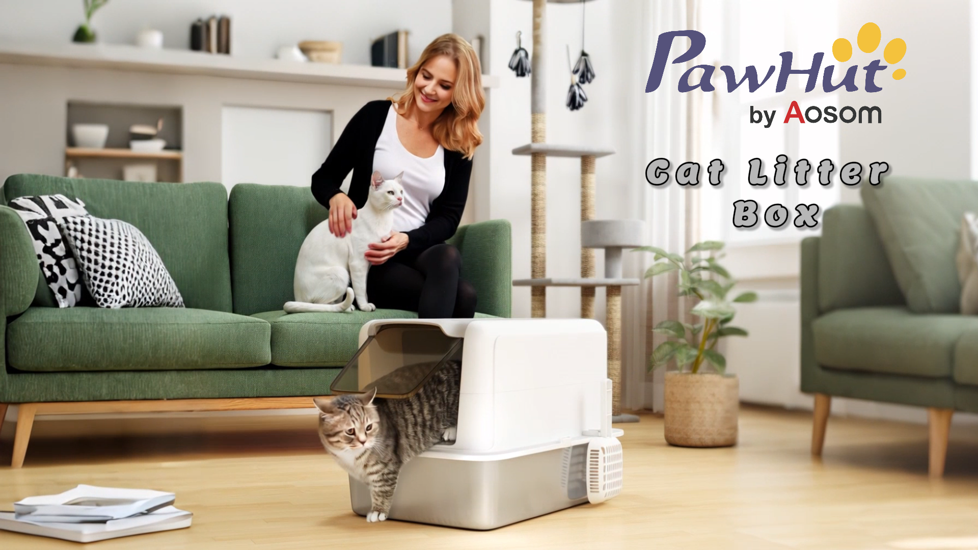 thumbnail video image 2 of PawHut Stainless Steel Cat Litter Box, Extra Large 2 in 1 Kitty Litter Box with Removable Lid, Scoop, Filter Bags, for Small to Large Cats, White, 2 of 10