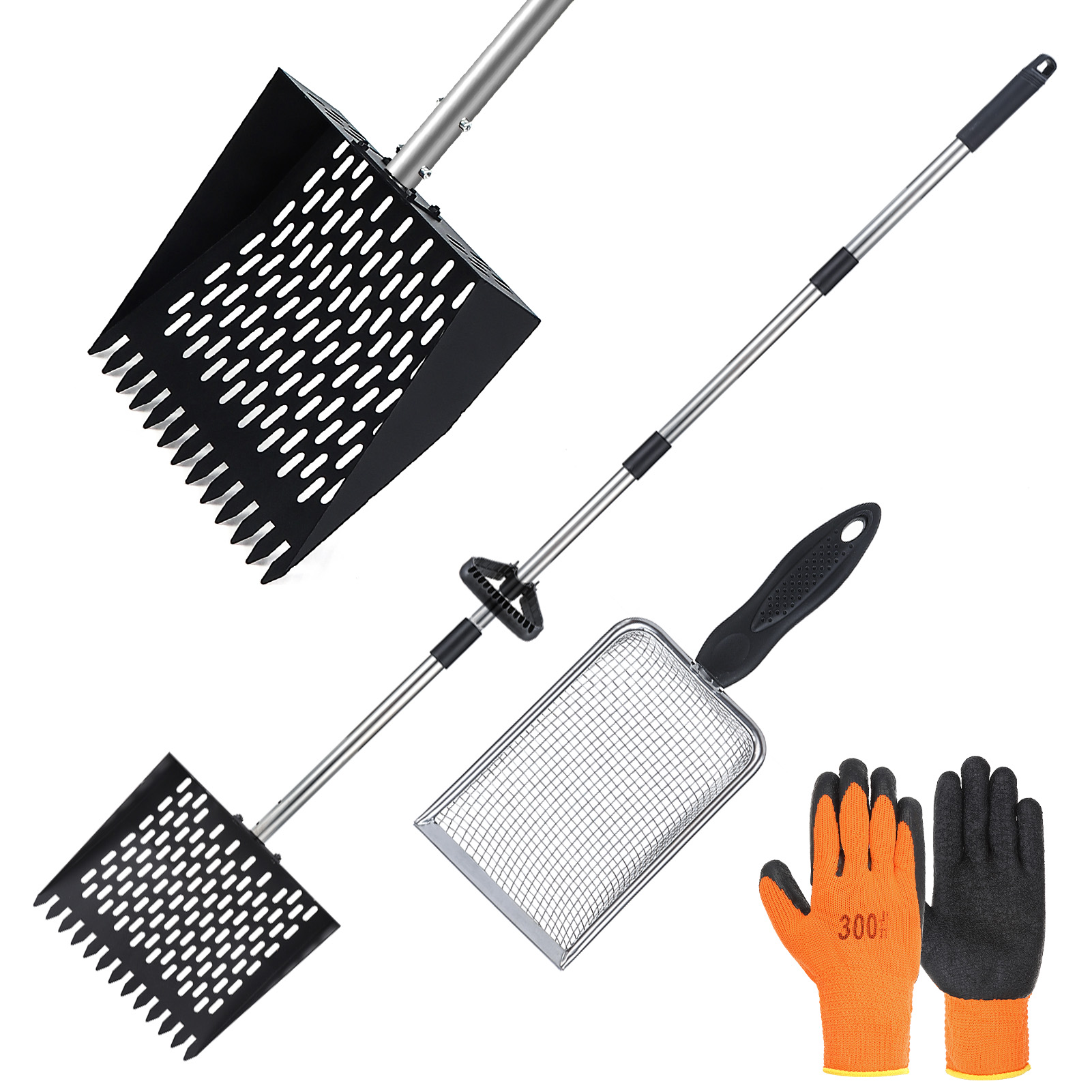 thumbnail video image 2 of shuaien 2 Pack Poop Scoopers with Glove for Cat Chicken, Short Litter Scoop and Long Metal 10 inches Sand Sifting Shovel with 35" to 62" Adjustable Stainless Steel Handle for Chicken Cat Litter, Sand, 2 of 8