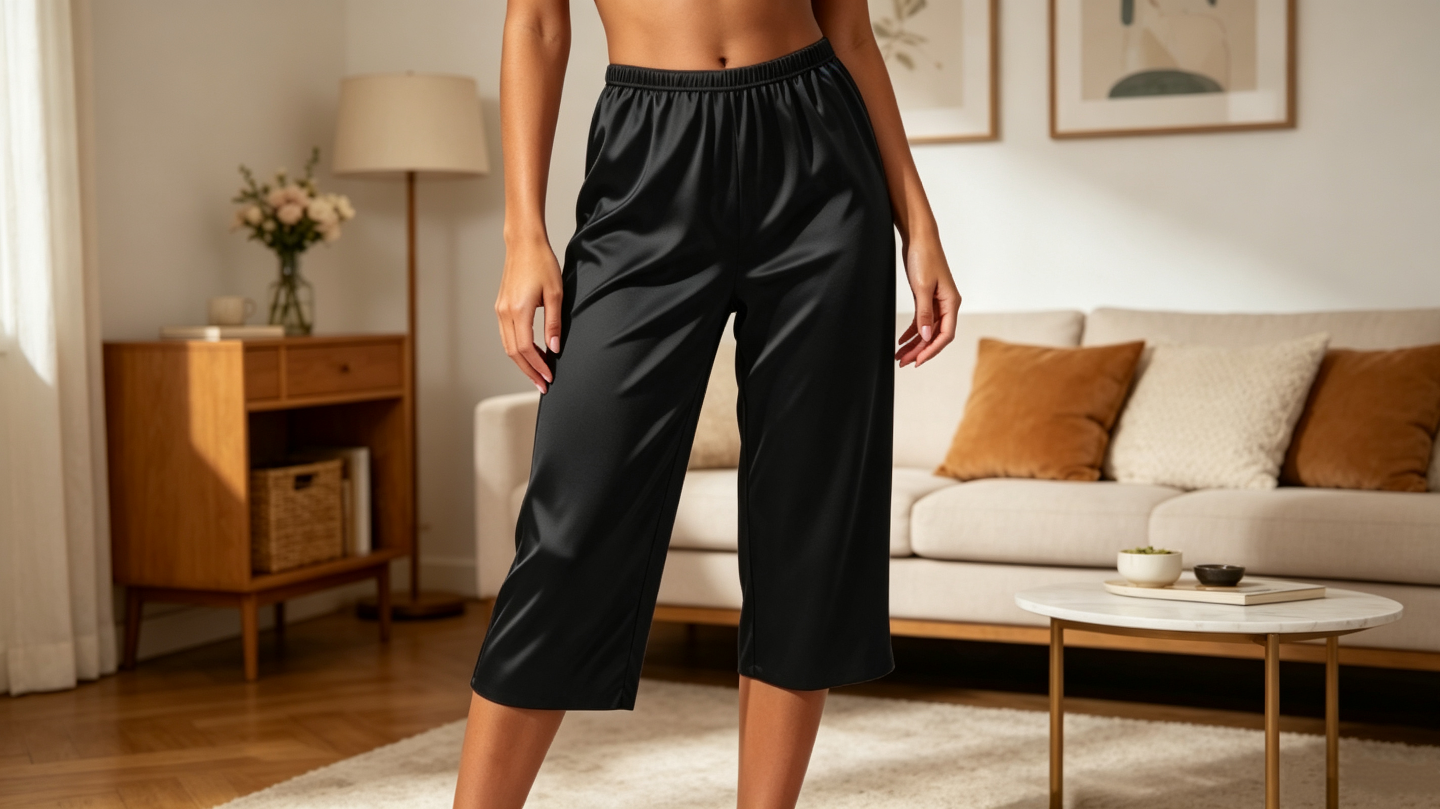 thumbnail video image 2 of PBFRDSJ Womens Capri Pajamas Casual Lounge Satin Wide Leg Pants Silky Flowy Casual Pj Bottoms Sizes M-3XL, 2 of 7