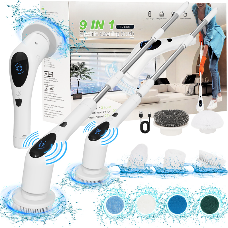 thumbnail video image 2 of Electric spin scrubber, LED display shower cleaning brush with voice announcement 3 speeds 9 interchangeable cleaning heads Bathroom scrubber with adjustable and detachable long handle, 2 of 8