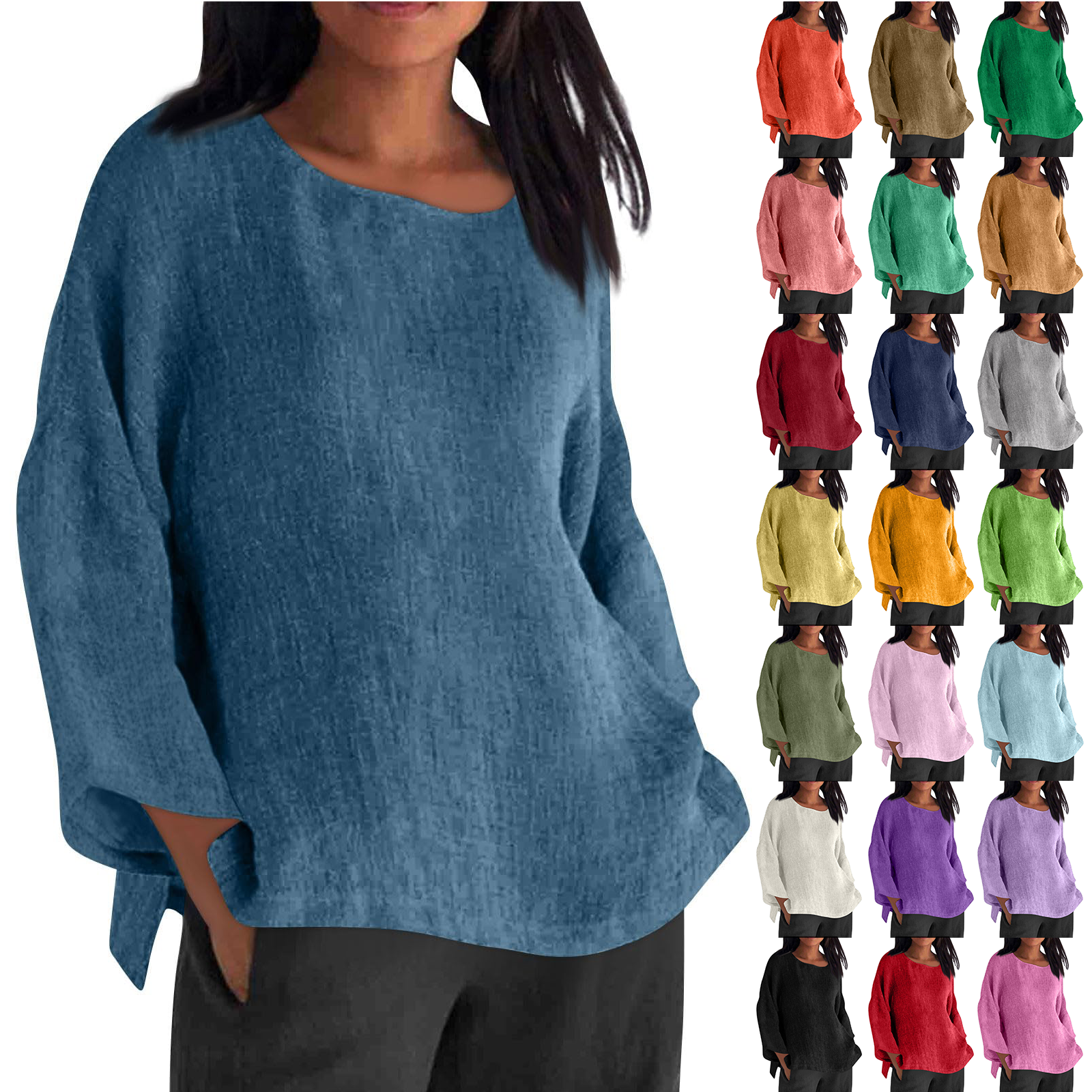 thumbnail video image 2 of Clearance! Delayuji Women's Long Sleeve T-Shirts Linen Shirts for Women Plus Size 3/4 Length Sleeve Tops Casual Loose Fit Round Neck Tees 2025 Summer Fashion Blouse M Purple, 2 of 6