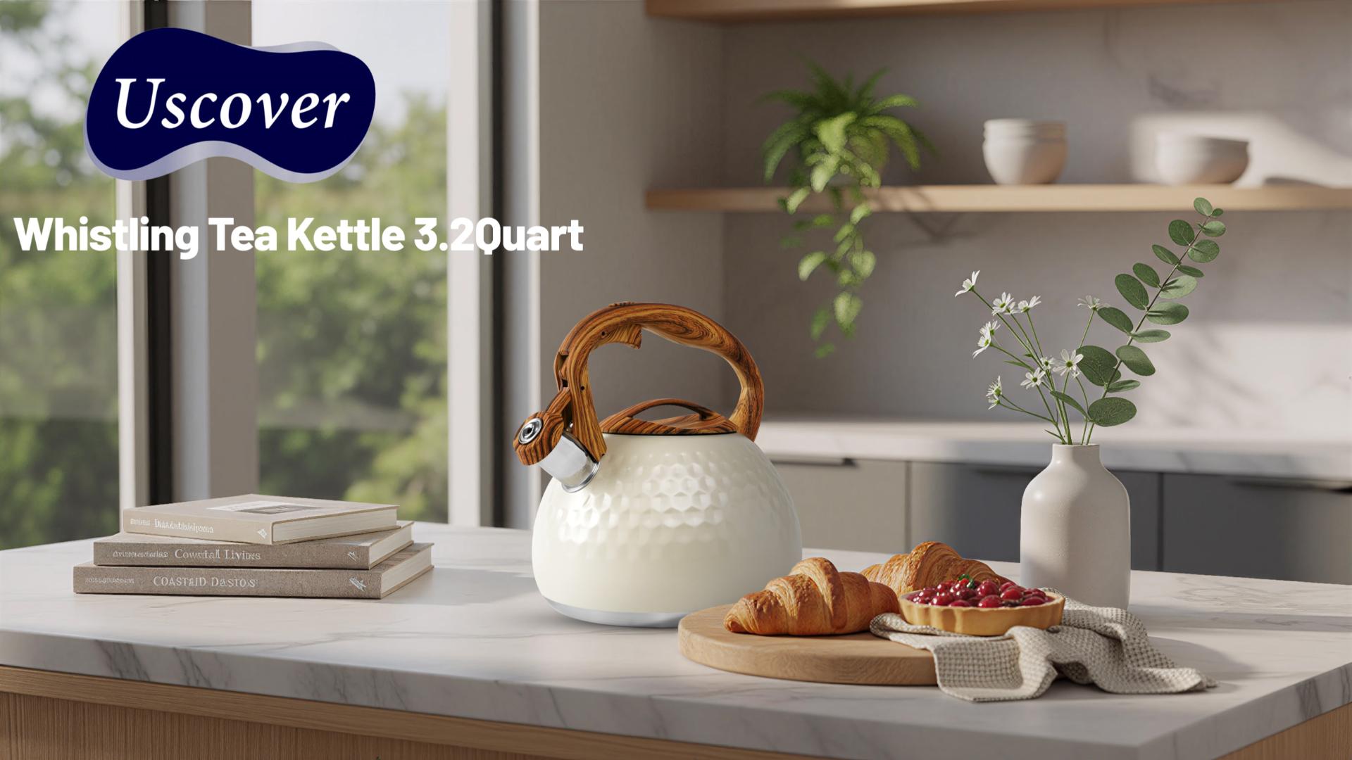 thumbnail video image 2 of Uscover 3.2 Qt Stainless Steel Stovetop Whistling Tea Kettle, White, Ergonomic Handle and Button-Control Spout, 2 of 12