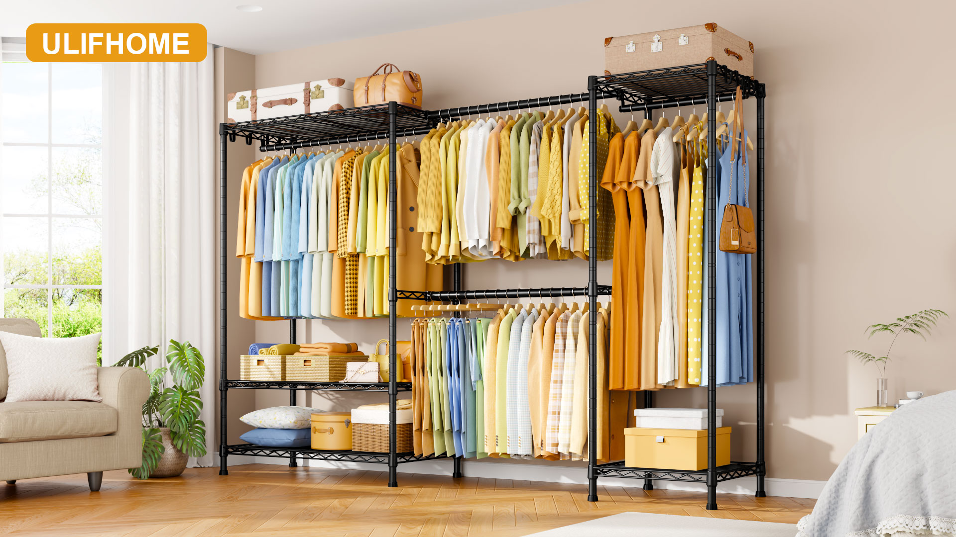 thumbnail video image 2 of ULIF E17 Heavy-Duty Clothes Rack with 2 Expandable Hanging Rods, Black | (78-102.7)”W x 15.7”D x 76.6”H Adjustable Clothing Racks with Shelves, Metal Closet Wardrobe System for Hanging Clothes, 2 of 8
