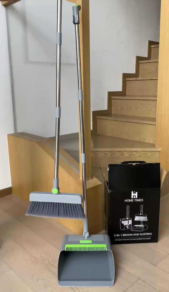HOME TIMES 3-in-1 Broom Dustpan and Brush Set, Stainless Steel