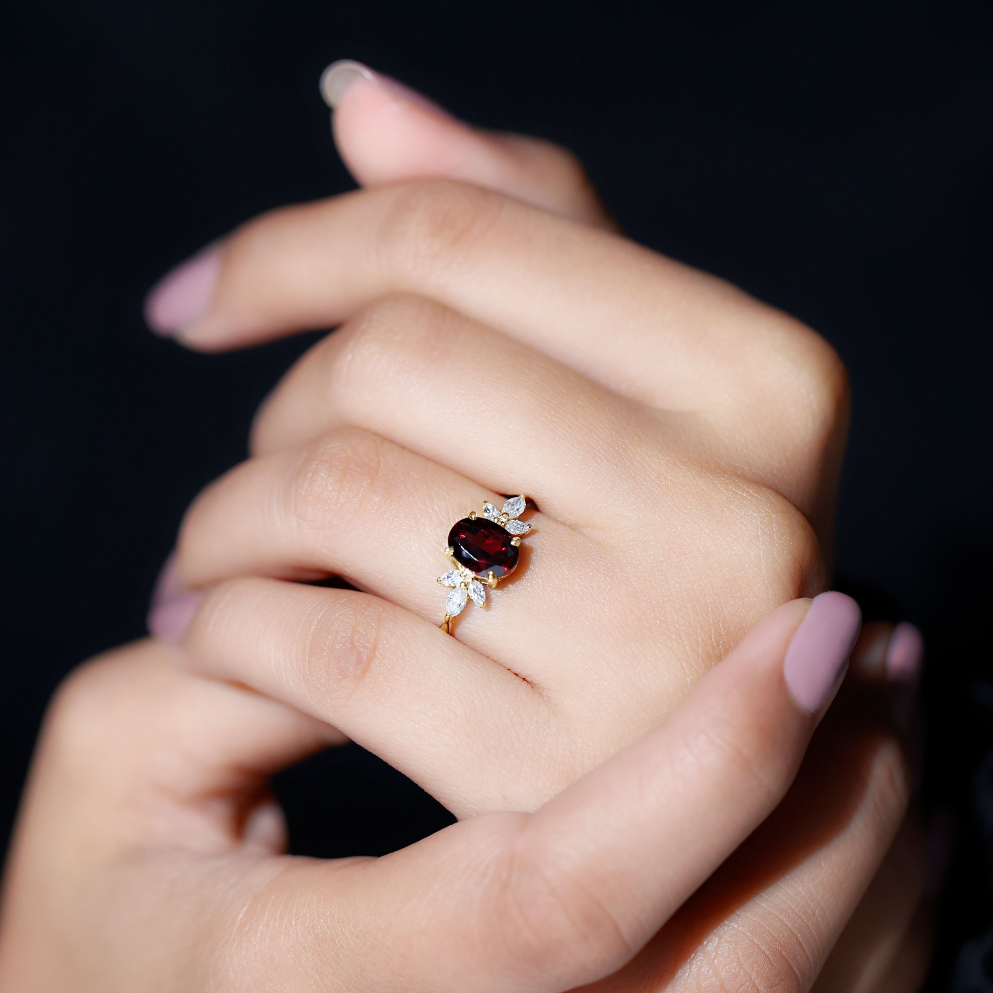 thumbnail video image 2 of Rosec Jewels 1.75 CT Rhodolite and Diamond Ring, 6X8 MM Oval Cut Rhodolite Solitaire Ring, Marquise Cut Diamond Trio Ring, 14K Yellow Gold, US 13.00, 2 of 9