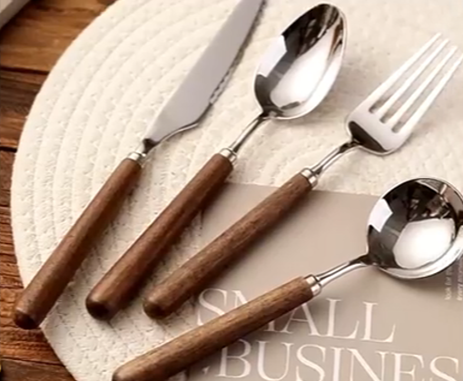 thumbnail video image 2 of Vintage Walnut Wood Handle Silverware Set- Premium Stainless Steel with Wood Handle Flatware Cutlery Set for Home Kitchen Dining(6 Set-24 Piece), 2 of 2