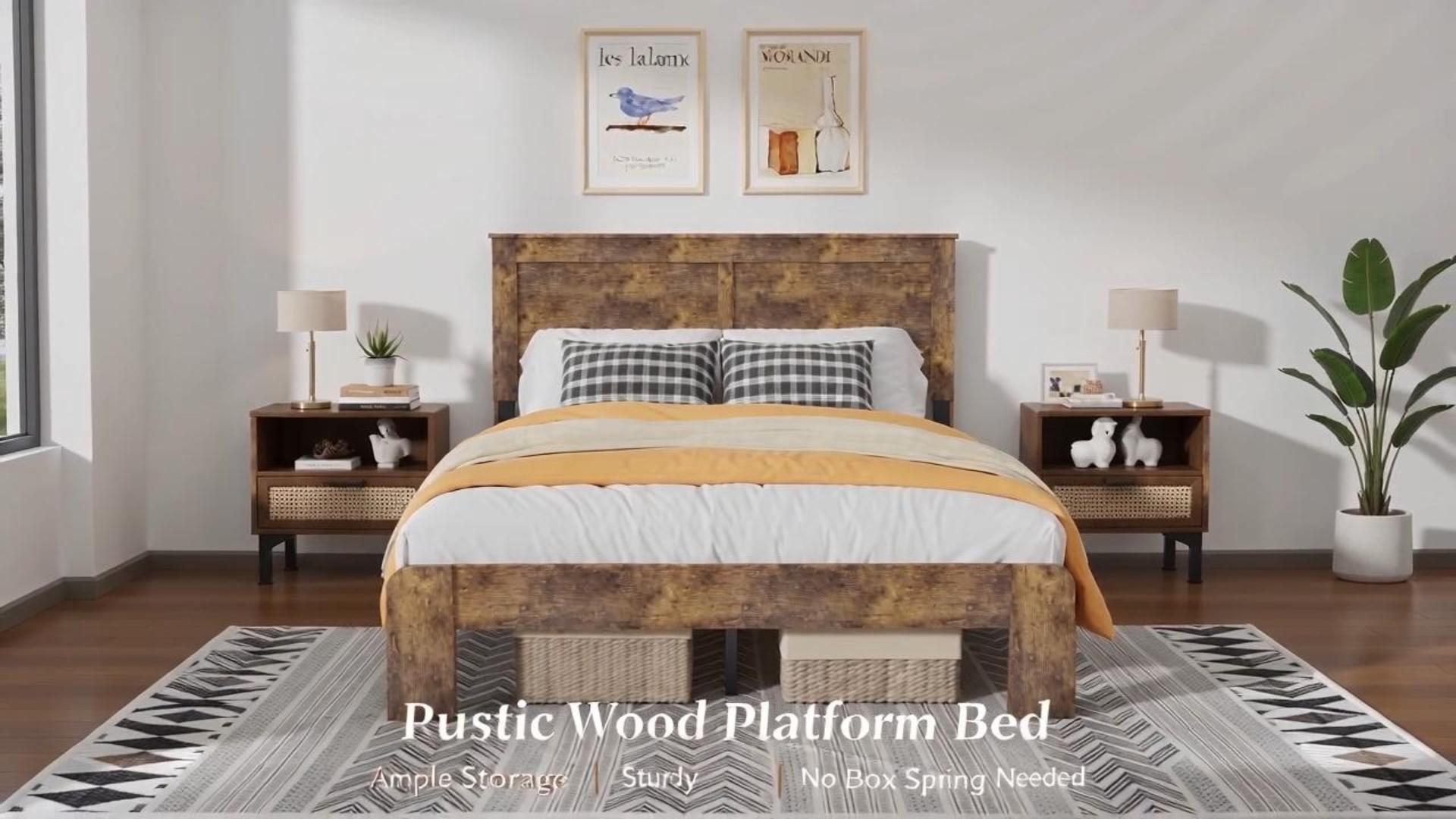 thumbnail video image 2 of Queen Size Farmhouse Wooden Bed Frame with Headboard, Rustic Platform Bed with Silent Wood Slat System, No Box Spring Needed, Rustic Brown, 2 of 11