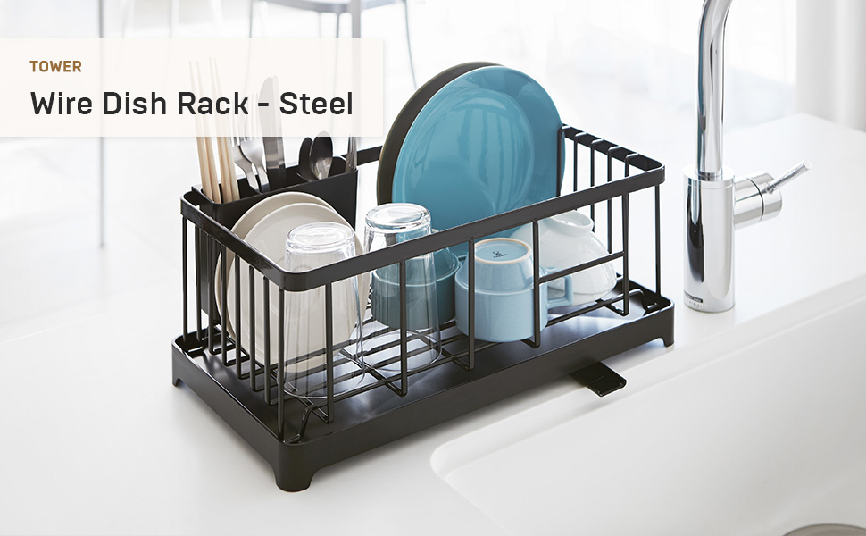 thumbnail video image 2 of Yamazaki Home  Wire Dish Rack, Steel, Holds 17.6 lbs - L 9.06 x W 16.54 x H  6.69 inches Black Black Finish, 2 of 8