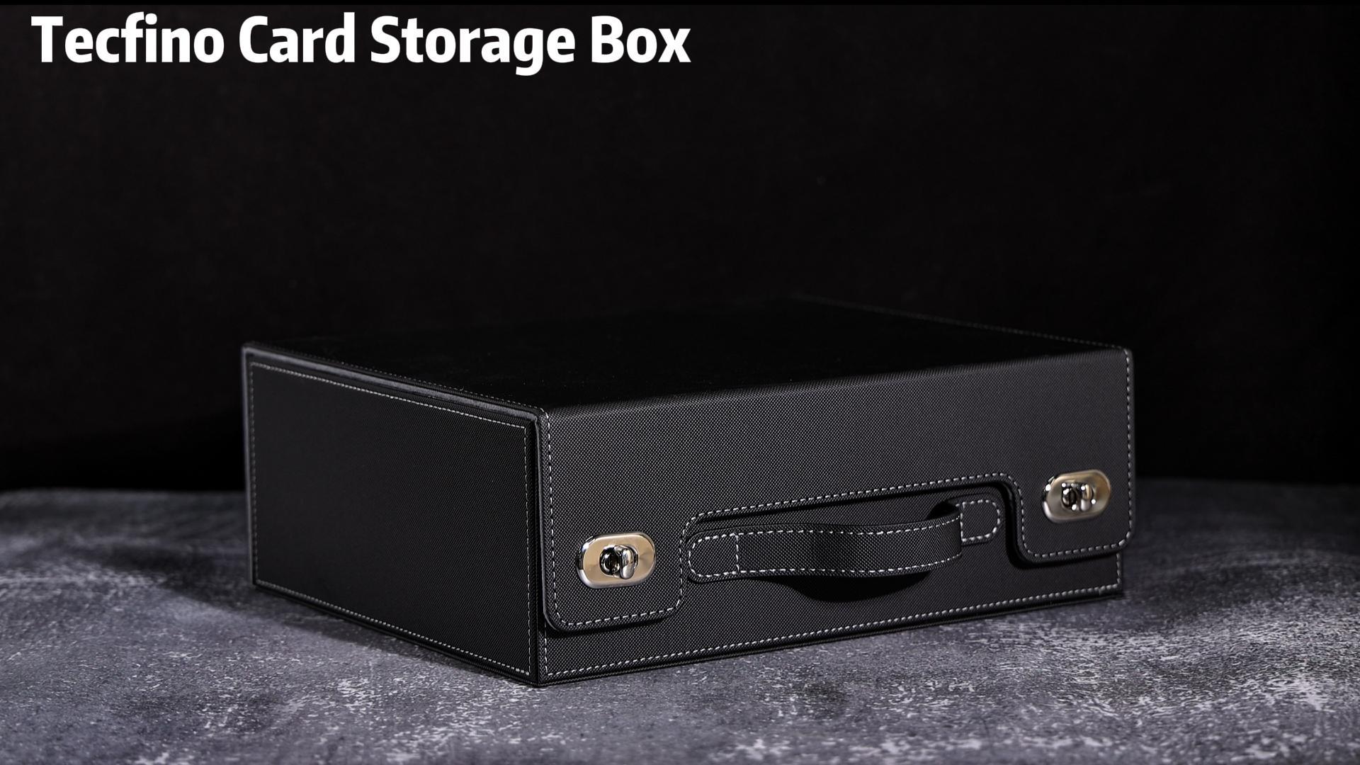 thumbnail video image 2 of Tecfino Trading Card Storage Box 3-Row 2700+ Card Organizer, PU Leather Card Case with Handle and Lock Closure for TCG Game Sports Cards, Gray, 2 of 9