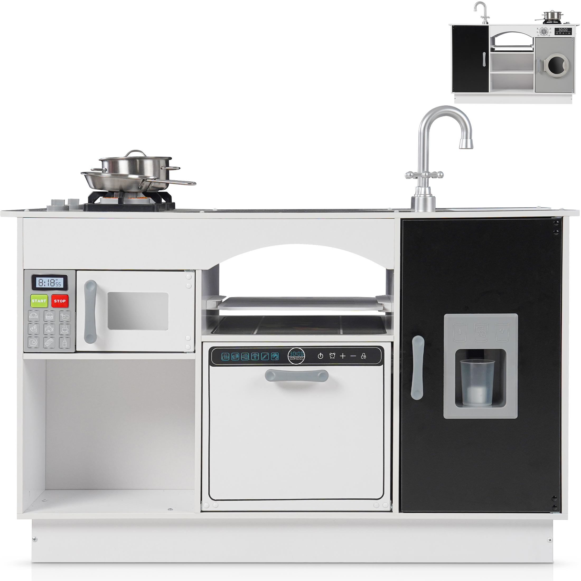 thumbnail video image 2 of iYofe Kids Play Kitchen, Island Toddler Kitchen Set for Kids, Kids Children Pretend Toy Kitchen Playset with Sink Play Toy, Oven Microwave, Toddler Cooking Set Toy for Ages 3+ Baby Girls Boys, White, 2 of 10