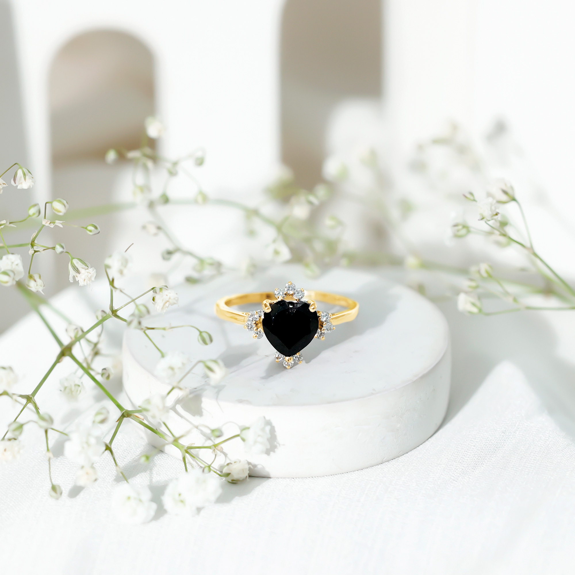 thumbnail video image 2 of Rosec Jewels Black Onyx Heart Engagement Ring for Women - Black Onyx Diamond Ring (8 mm, AAA Quality) - with Jewelry Box, 18K White Gold, US 6.00, 2 of 8