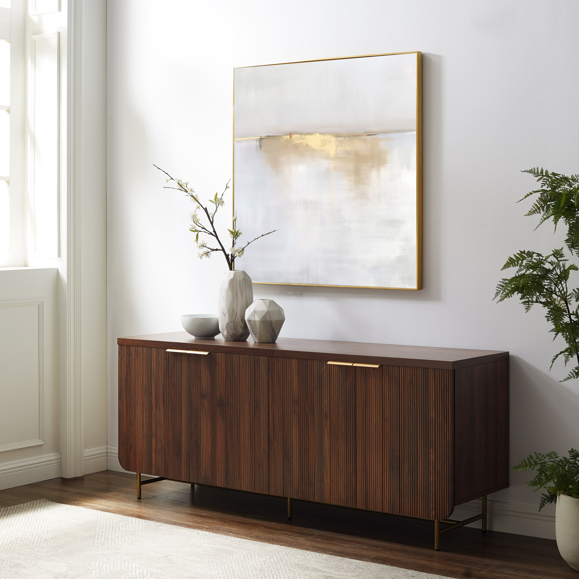 thumbnail video image 2 of Walker Edison 69” Scandinavian 4-Door Reeded-Front Sideboard, Dark Walnut/Gold, 2 of 13