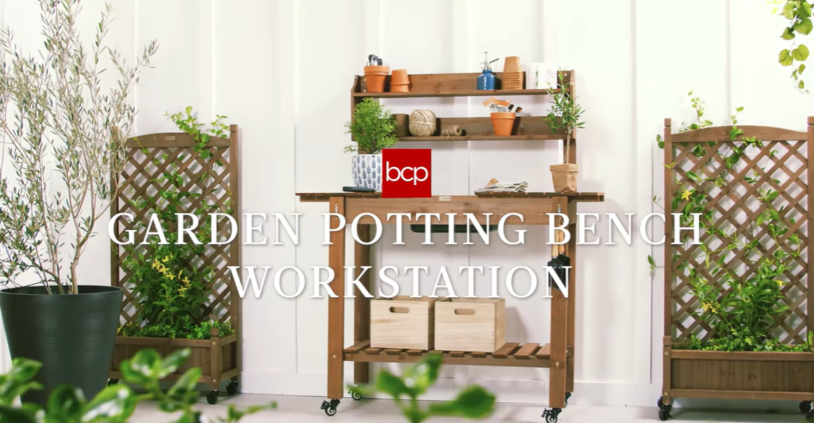 thumbnail video image 2 of Best Choice Products Wood Garden Potting Bench Workstation, Sliding Tabletop, 4 Locking Wheels, Dry Sink - Brown, 2 of 8