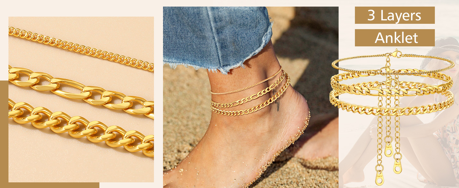 thumbnail video image 2 of FindChic Ankle Bracelets for Women 14K Gold Plated 3-Layered Anklets Set Waterproof Figaro Chain Cuban Link Summer Foot Jewelry Birthday Valentines Day Gifts for Her Girlfriend Wife Adults Age Ideas, 2 of 8