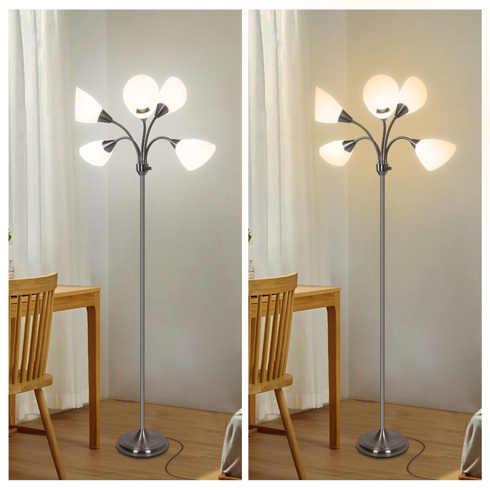 thumbnail video image 2 of HonoDing 68-Inch Medusa Floor Lamp for Bedroom –  Floor Lamps with Adjustable Arm with 5 White Acrylic Shades, No Bulb(Satin Nickel), 2 of 10