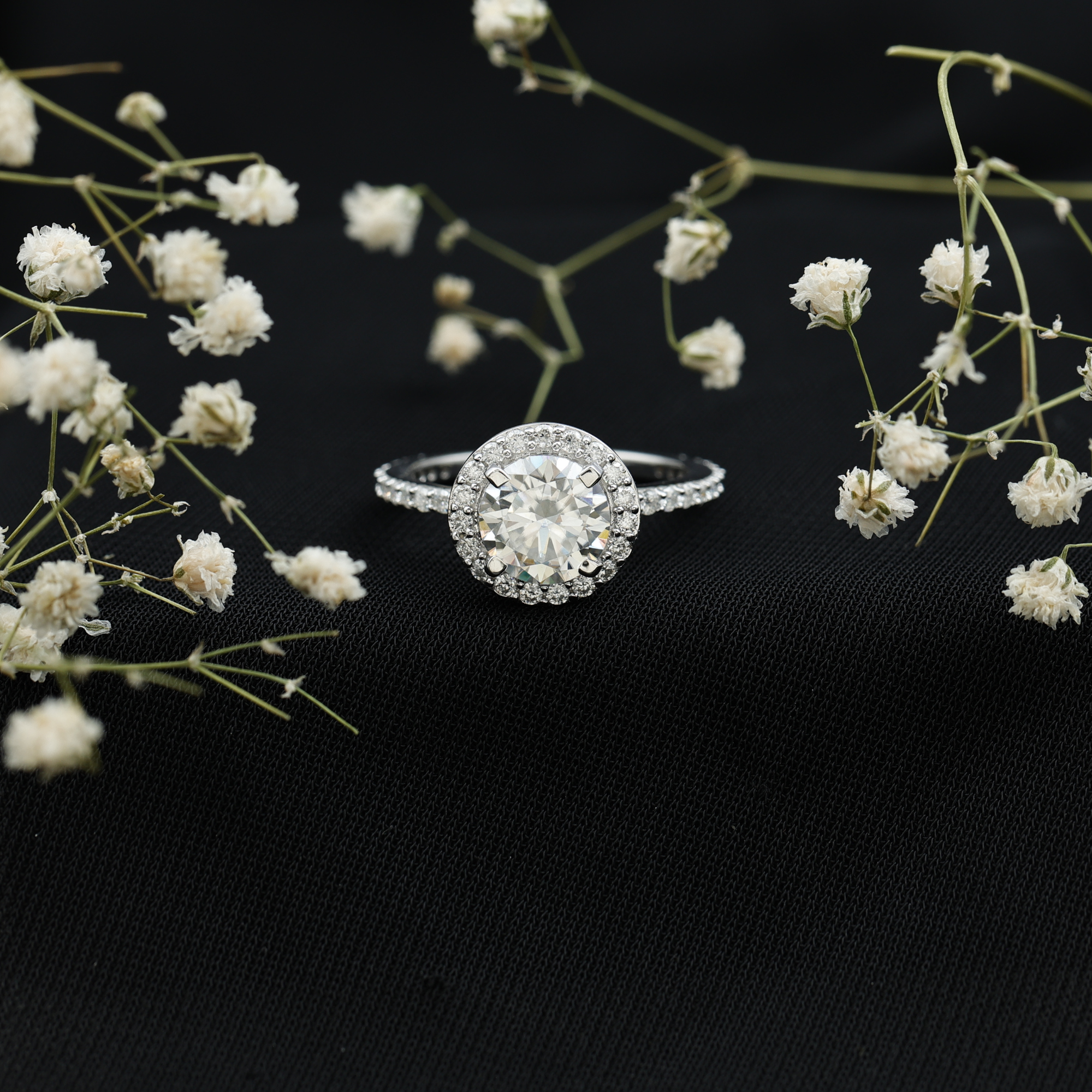 thumbnail video image 2 of Rosec Jewels Round Halo Engagement Ring with Moissanite - 8 mm - 2 Ct - D-VS1 Quality, 14K White Gold, US 12.00, 2 of 9