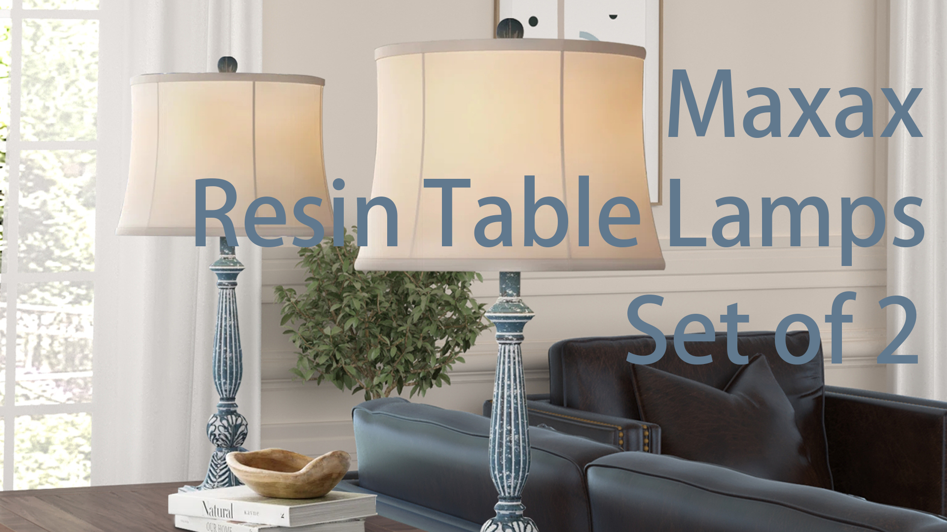 thumbnail video image 2 of Maxax Blue Resin Table Lamps Set of 2，3-Way Dimmable 28" Traditiona Bedside Nightstand Lamps with White Bell Fabric Shade for Living Room Bedroom Office, 2 of 8