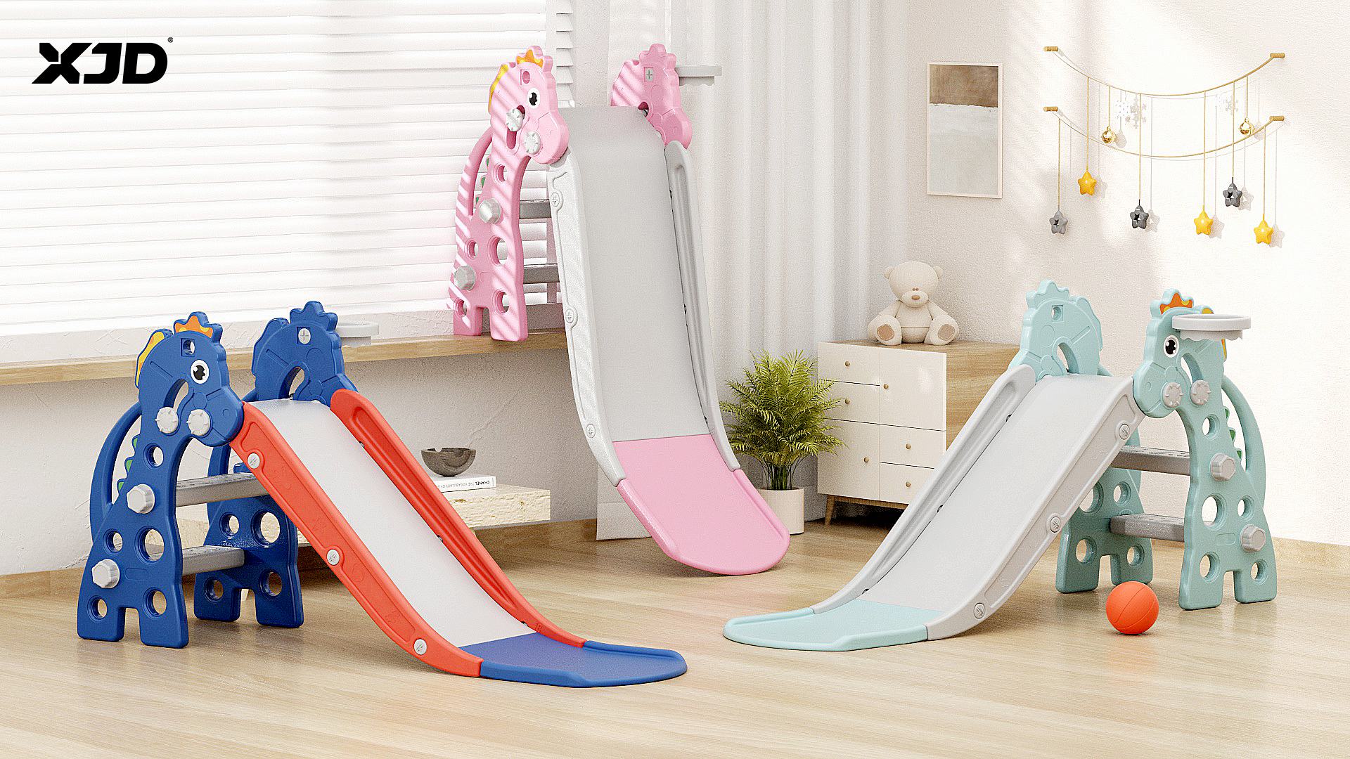 thumbnail video image 2 of XJD Toddler Slide Indoor Slide for Toddlers Age 1-3 Slide for Kids, Outdoor Slide Baby Slide Plastic Slide Play Slide Basketball Hoop and Ball Foldable Slide, Pink, 2 of 10
