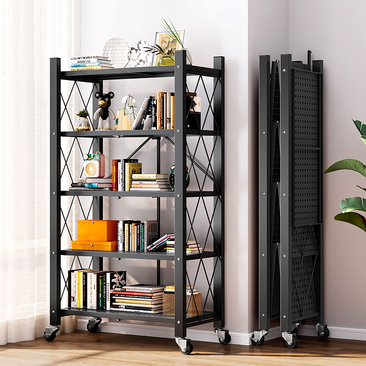 thumbnail video image 2 of Joybos 5-Shelf Heavy Duty Metal  Storage Shelves with Wheels and Privacy Curtains, No Assembly Organizer Wire Shelf Rack for Kitchen, Basement, Pantry, 2 of 13