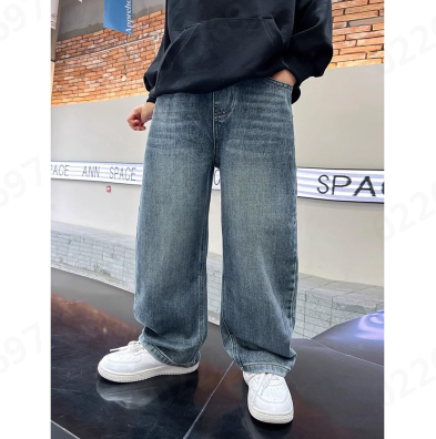 thumbnail video image 2 of YuyuTangFu Pure Color Loose Boys' Jeans with Elastic Waistband Children's Spring/Autumn Denim Trousers Baggy Jeans Cargo Trousers Blue 14-15 Years, 2 of 7