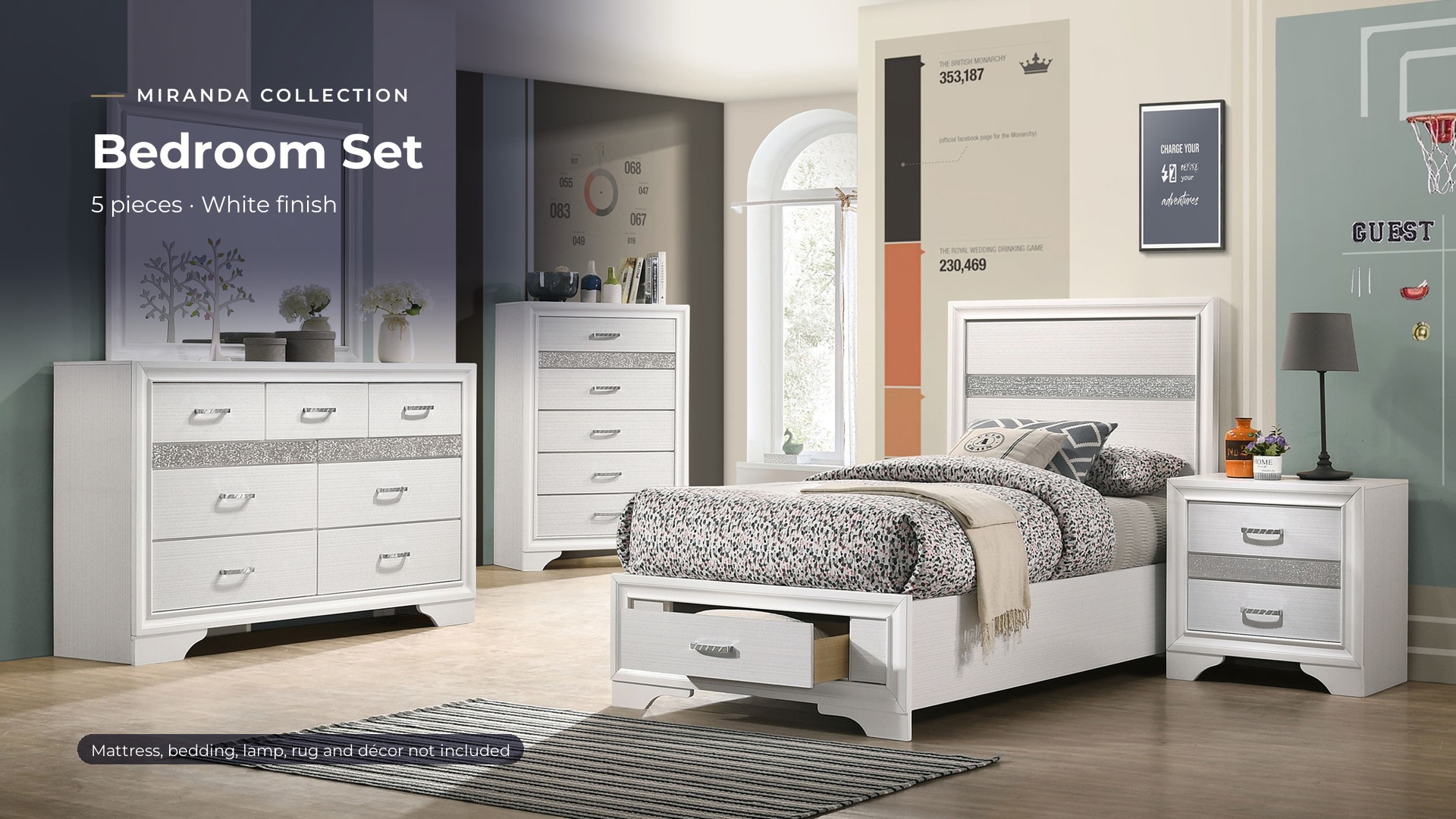 thumbnail video image 2 of Coaster Miranda 5-Piece Twin Bedroom Set, White, 2 of 19