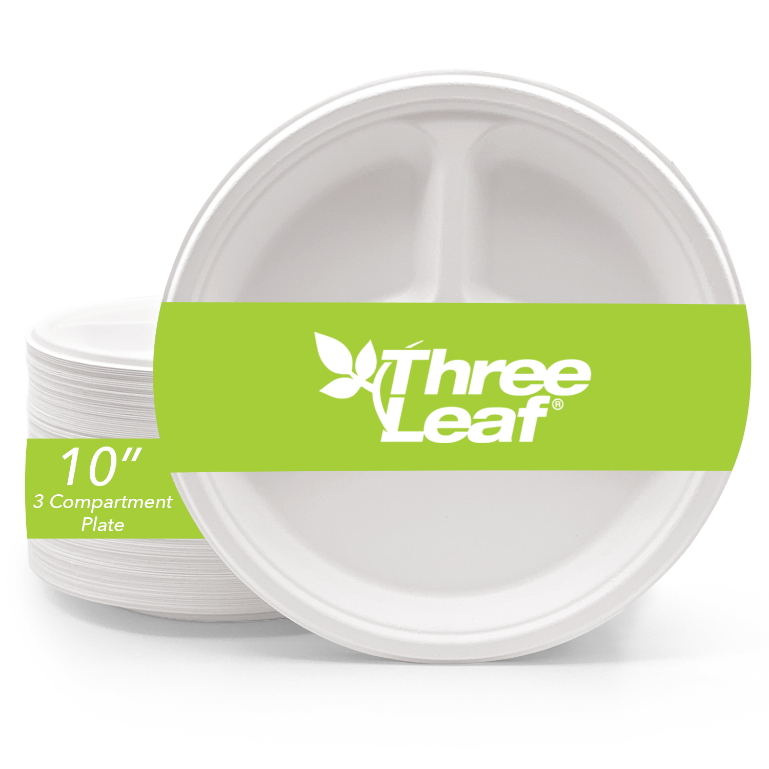 thumbnail video image 2 of Three Leaf 10" 3-Compartment Bagasse Plates, 500 Ct, Biodegradable, Compostable, Microwave-Safe, Sugarcane, 2 of 7