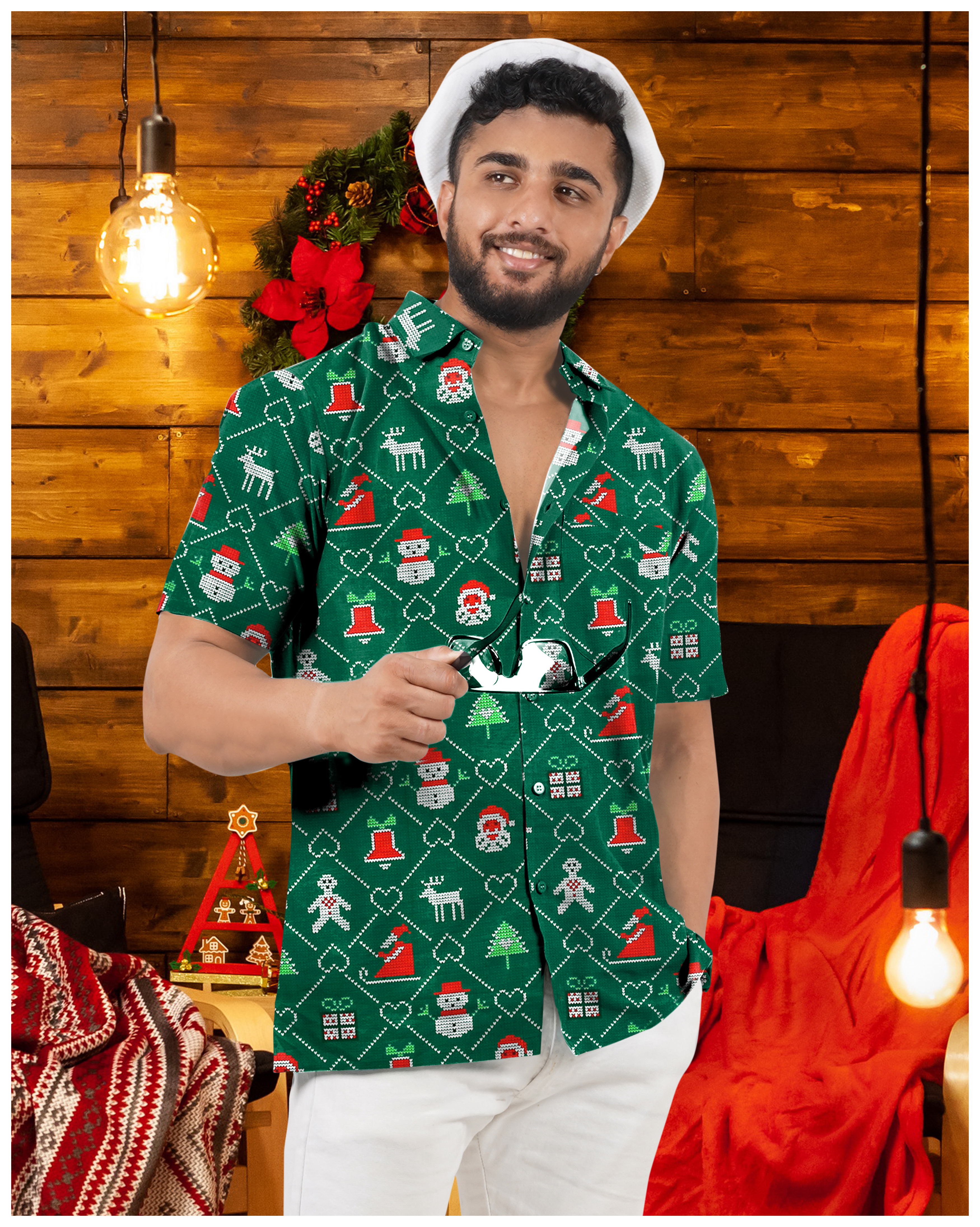 Happy BAY Men's Beach Short Sleeve ugly Christmas Tree Party Dress Shirt Holiday Funny Santa claus Hawaiian Gifts shirts for Men S Green, Xmas Theme,