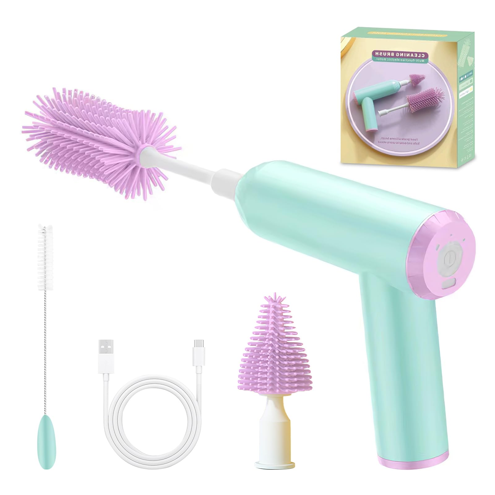 thumbnail video image 2 of Keyohome Electric Baby Bottle Brush Set, Baby Bottle Brush Cleaner with Silicone Nipple and Straw Brush, Purple, 2 of 10