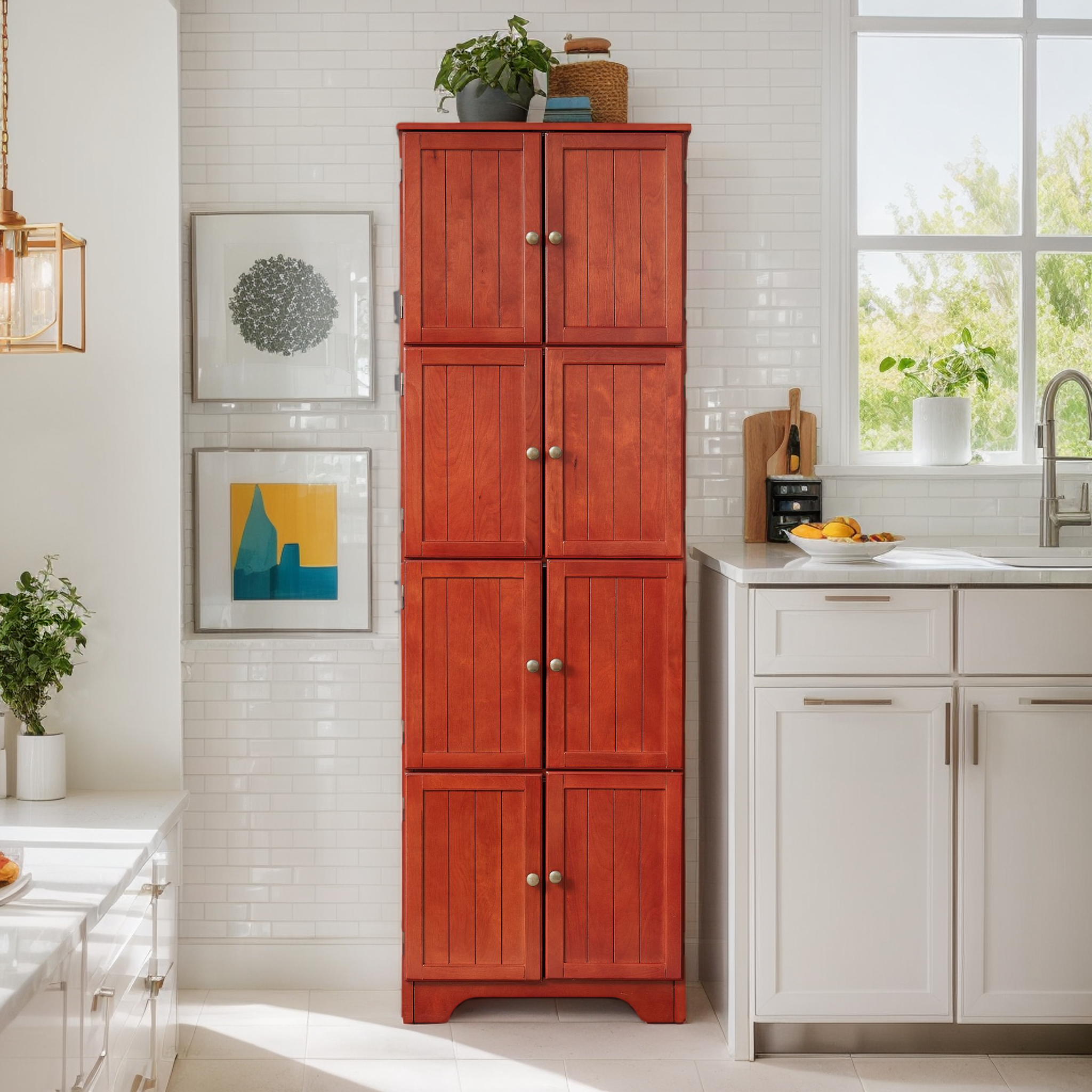 thumbnail video image 2 of CKEASEAN Farmhouse Tall Storage Cabinet with 8 Doors, 72" H Wooden Kitchen Pantry with 4 Shelves, 4-Tier Freestanding Bookshelf, Rack for Living Room, Bathroom, 2 of 8