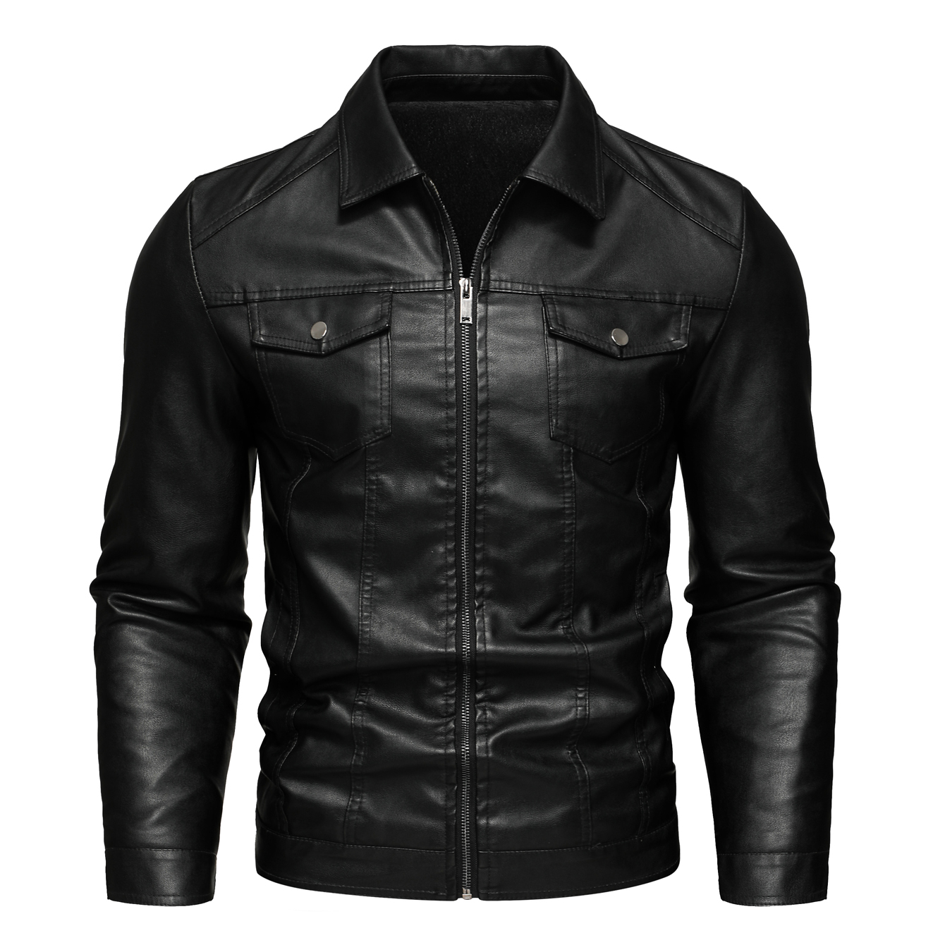 thumbnail video image 2 of Men's Casual PU Leather Lapel Motorcycle Jacket Fashion Slim Men's Faux Leather Shirt Jacket, 2 of 13