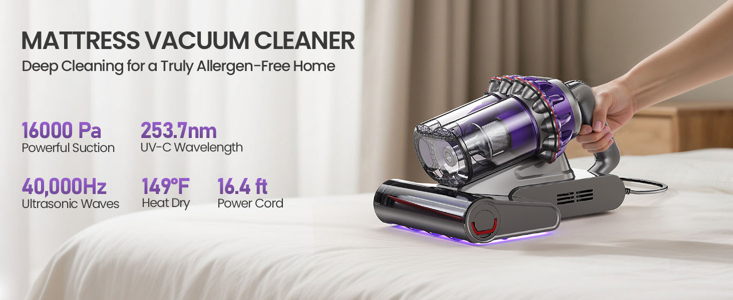 thumbnail video image 2 of Maircle Mattress Vacuum Cleaner with UV Light, 16Kpa Ultrasonic Bed Vacuum with LED Display, Multiple Filtration Handheld Vacuum for Bed, Couch, 2 of 9