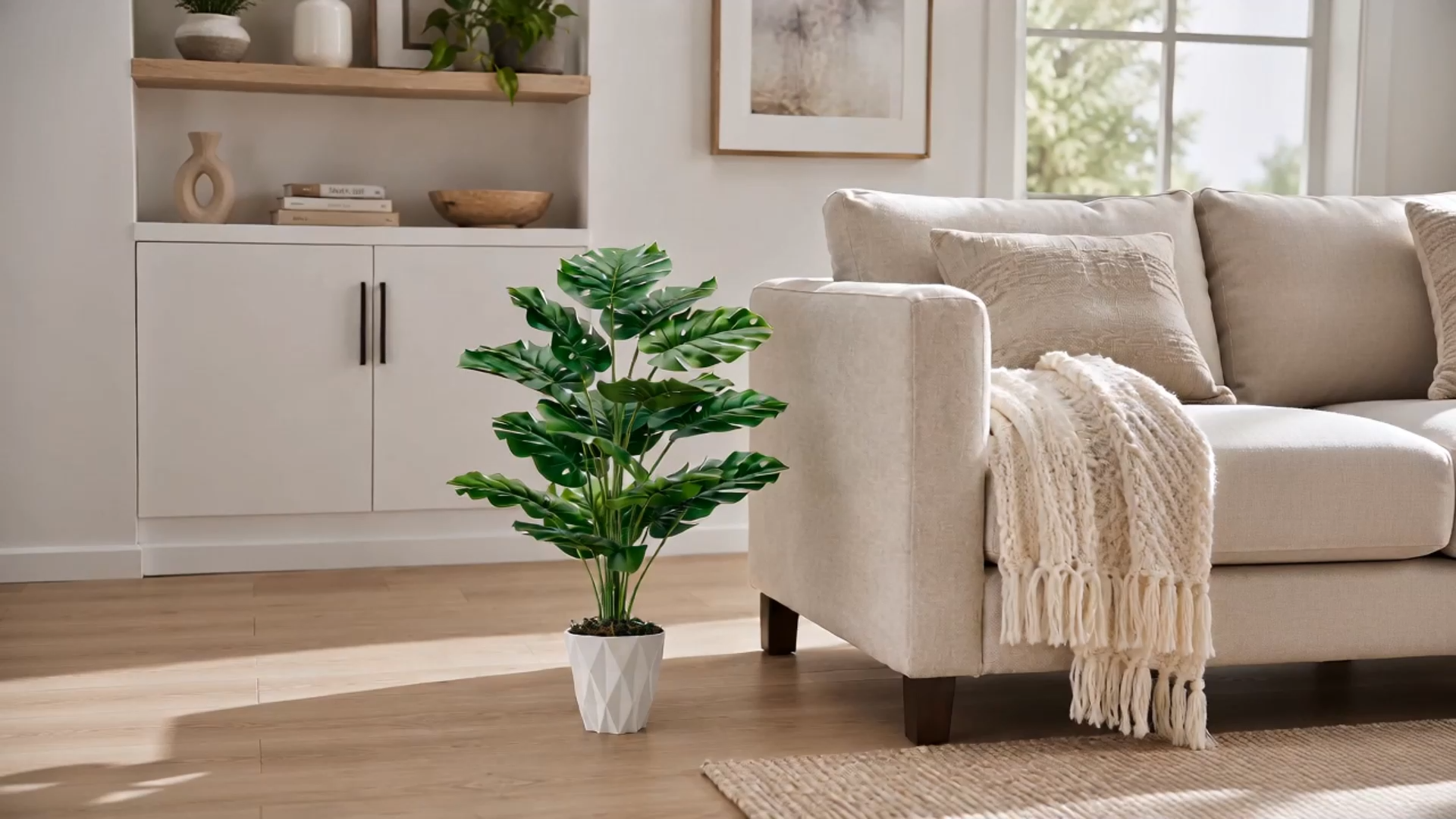 thumbnail video image 2 of Miracliy 1 Pack 70cm Artificial Monstera Plant, Faux Tropical Split Leaf Plant with White Diamond Geometric Pot, Indoor Home Office Floor Decor, 2 of 7