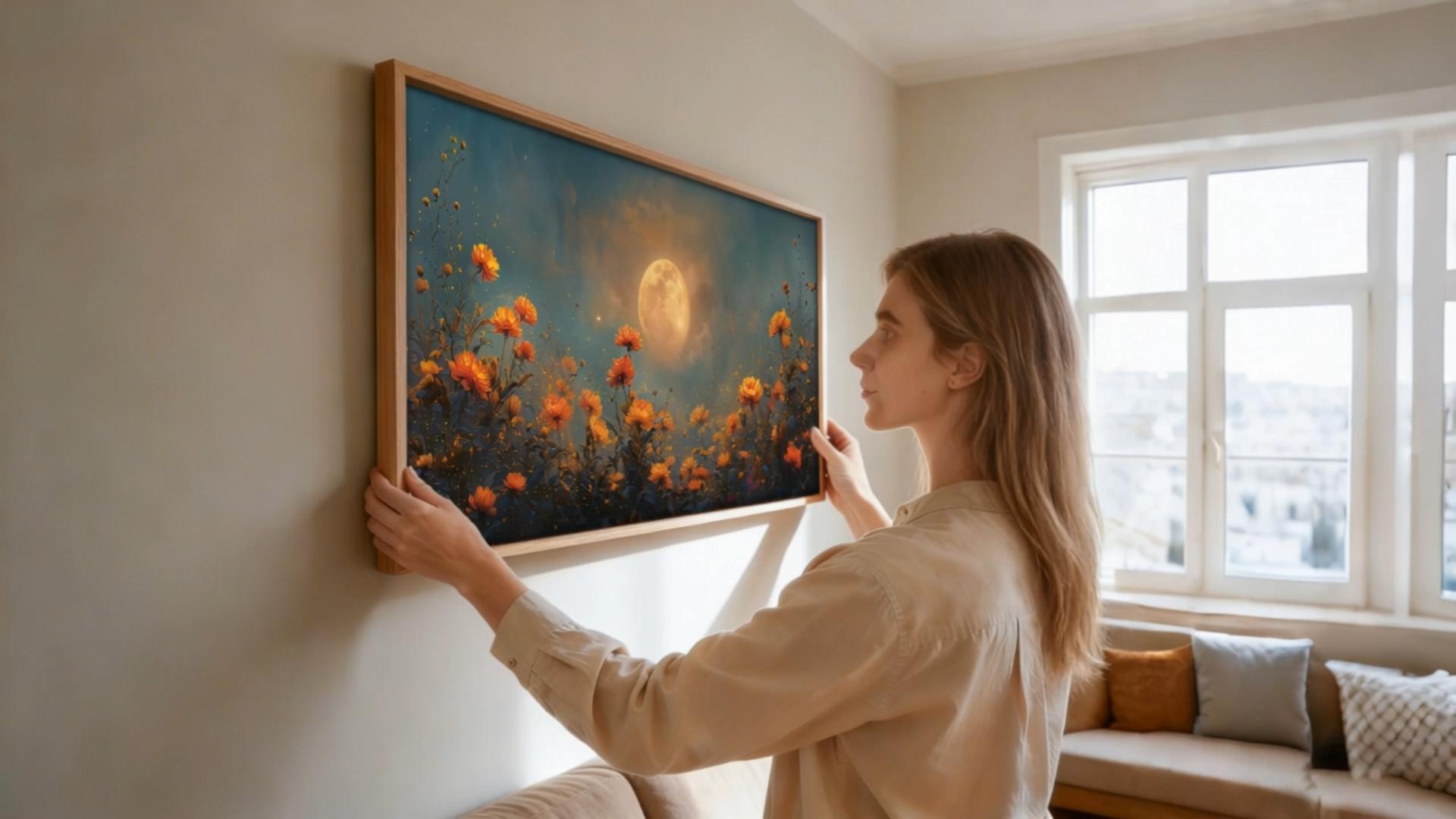 thumbnail video image 2 of TOARTi Boho Floral Full Moon Framed Canvas Wall Art Flower Field Vintage Landscape Painting Nature Scenery Decor for Living Room Bedroom Farmhouse 20x40 Inch, 2 of 10