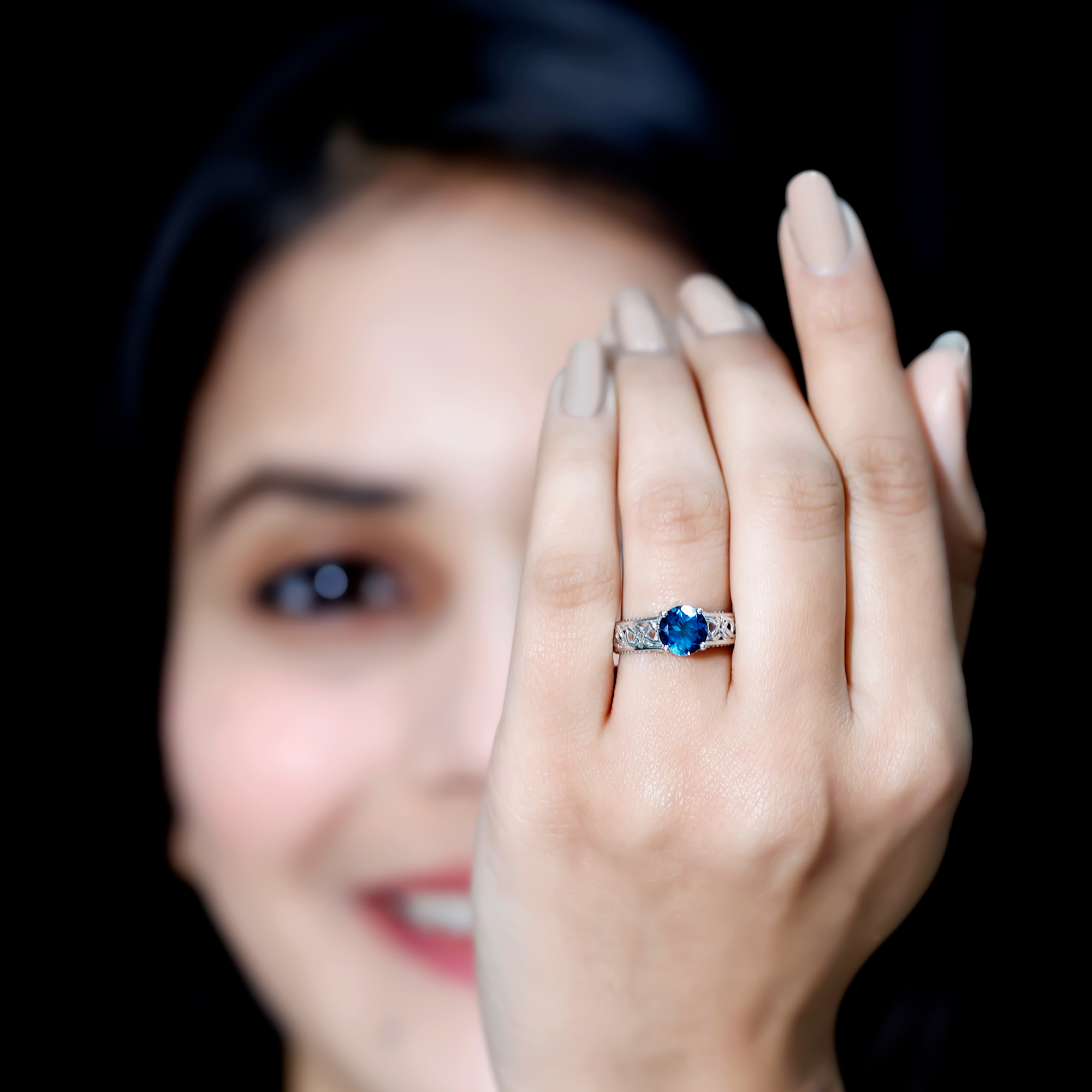 thumbnail video image 2 of Rosec Jewels London Blue Topaz Engagement Ring with Diamond - Vintage Style Celtic Knot Ring (7 mm, AAA Grade) - with Jewelry Box, 14K White Gold, US 7.50, 2 of 8