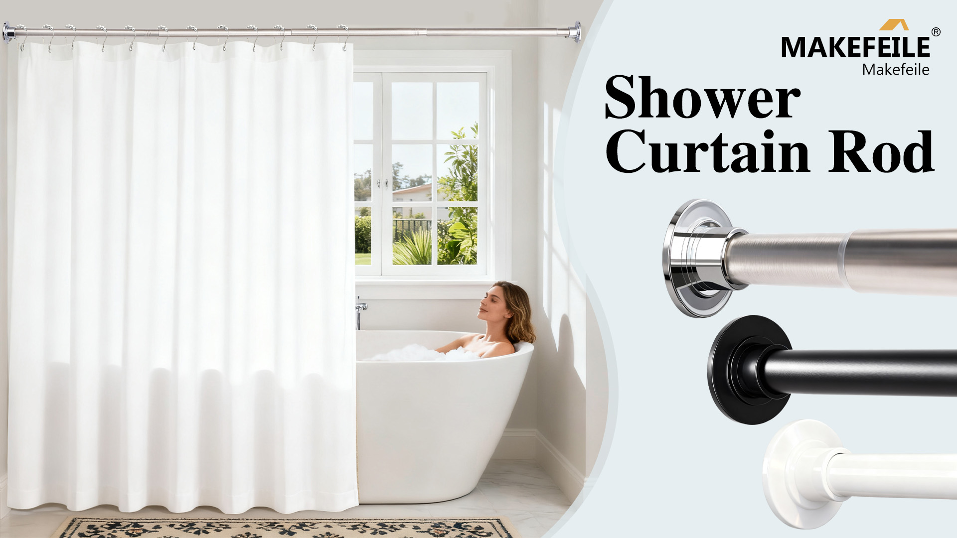 thumbnail video image 2 of MaKefeile Shower Curtain Rod 32-41 Inch Adjustable Metal Spring Tension Rod No Drill Curtain Rods for Window Bathroom Kitchen,Brushed Nickel, 2 of 10