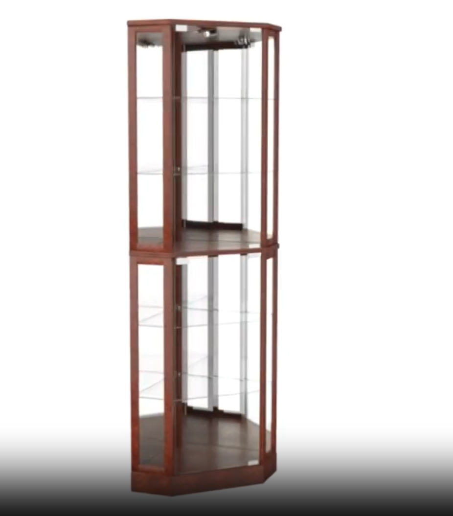 thumbnail video image 2 of CKEASEAN Lighted Corner Curio Cabinet with Doors - Wooden Display Cabinet with Tempered Glass Shelves and Lights for Living Room, Dining Room（E26 light bulb not included), 2 of 17