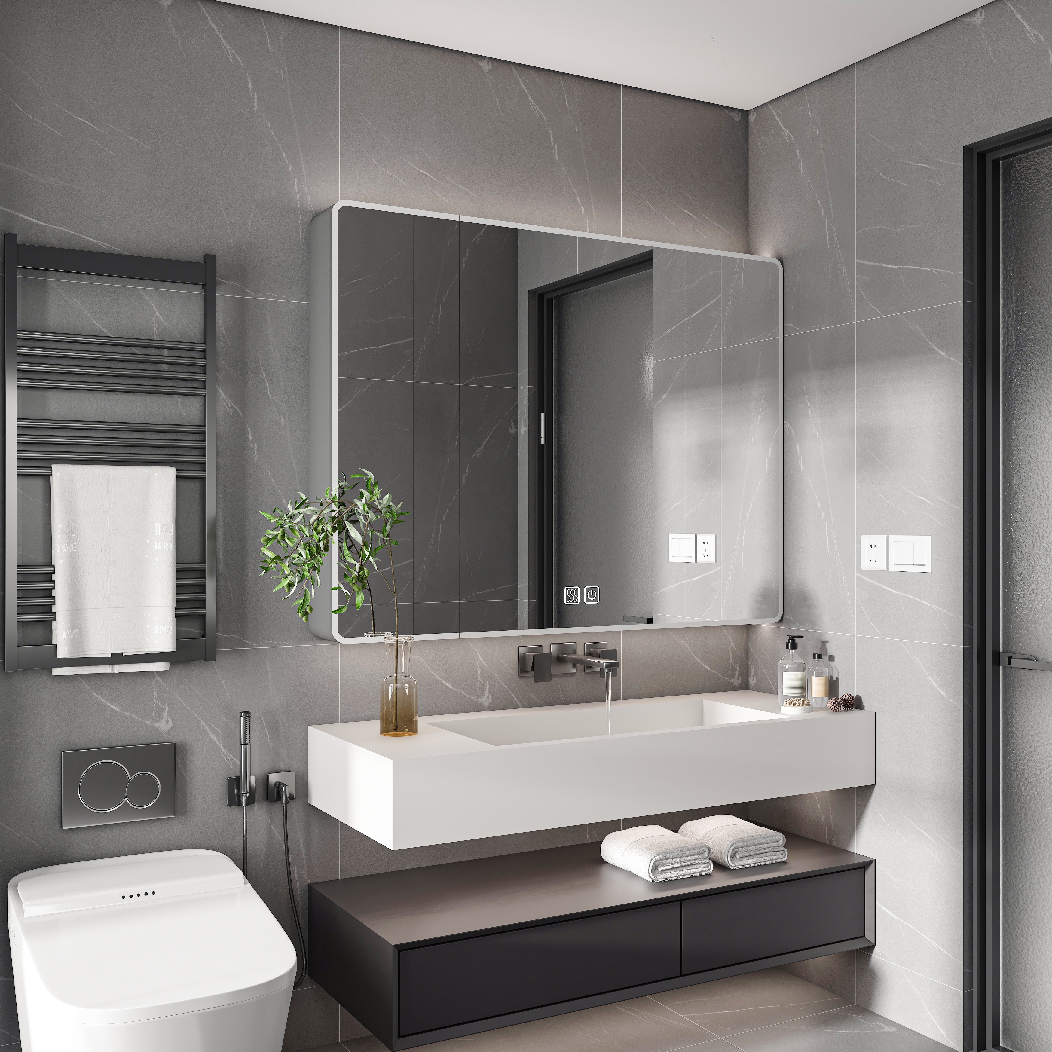 thumbnail video image 2 of Montary 35”x28”Smart LED Bath Mirror Cabinet w/ Anti-Fog & Wall-Mount | Shelves & Hook | Grey Aluminum, 2 of 12