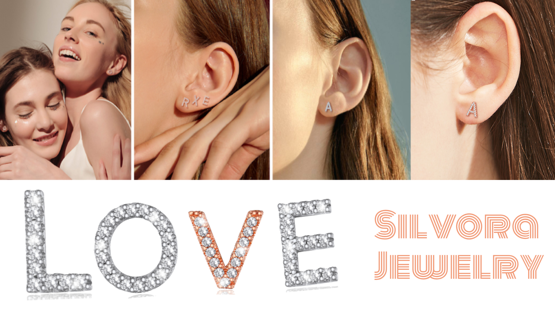 thumbnail video image 2 of Silvora Rose Gold Plated Stud Initial Earrings for Women CZ Simulated Diamond Letter S Silver Earring, 2 of 8