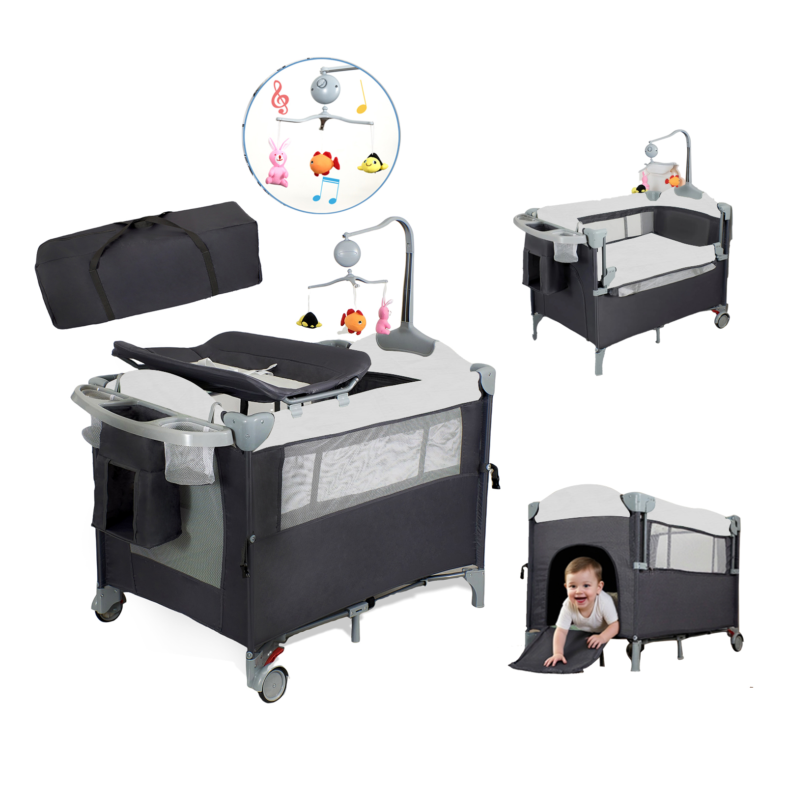 thumbnail video image 2 of Pack and Play with Bassinet 4-in-1 Baby Playard with Changing Table Wheels Music Box,Foldable Playard for Baby Toddler(Black), 2 of 16