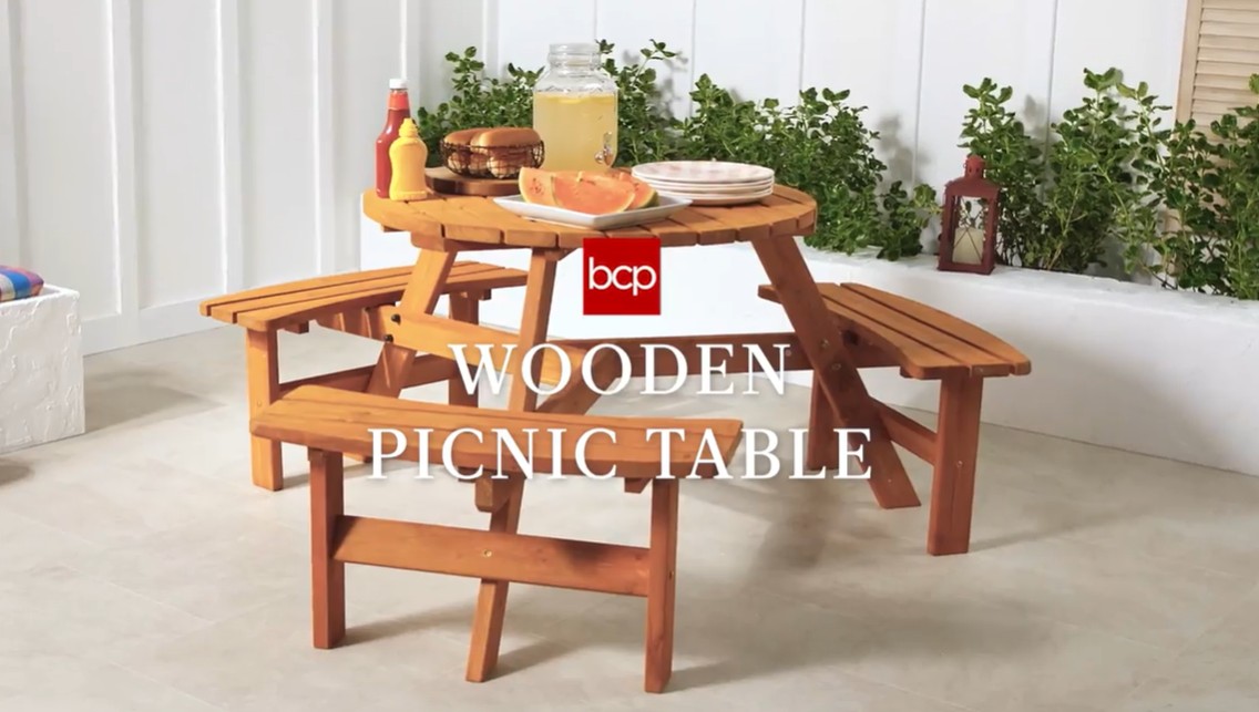 thumbnail video image 2 of Best Choice Products 6-Person Circular Outdoor Wooden Picnic Table w/ 3 Built-In Benches, 500lb Capacity - Black, 2 of 8