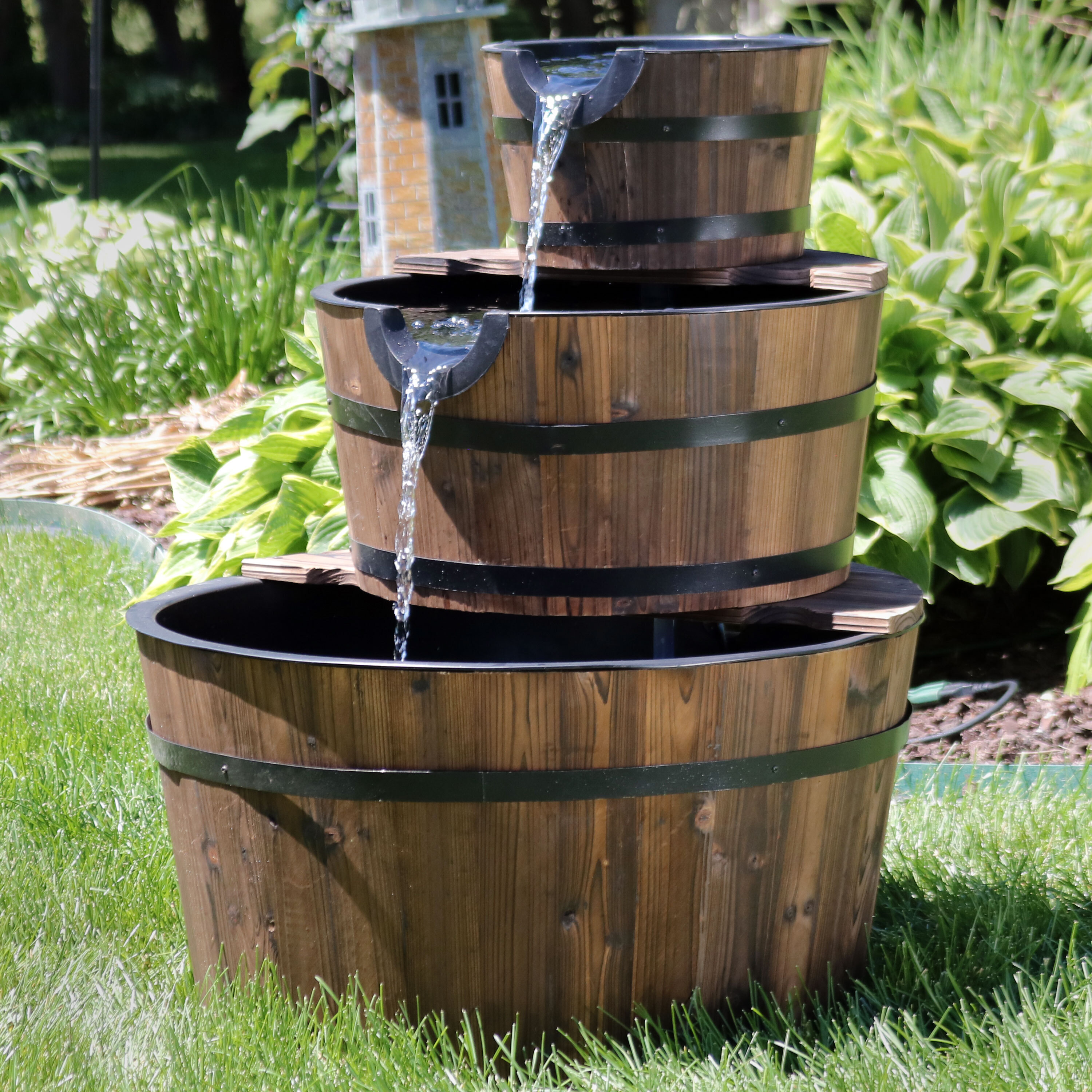 thumbnail video image 2 of Sunnydaze Wood Barrel Brown 3-Tier Outdoor Water Fountain, 2 of 12