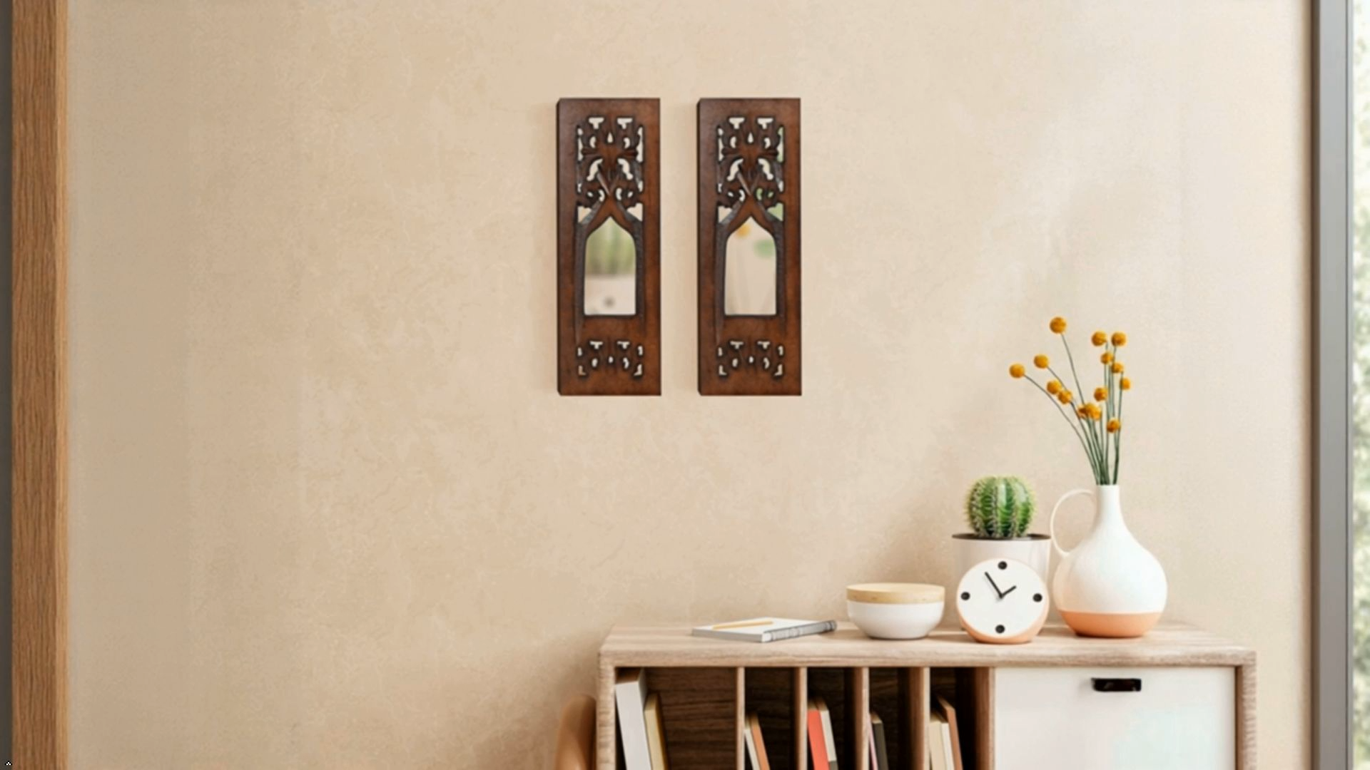 thumbnail video image 2 of The Wooden Town Wall Hanging Plaques Wall Décor Jharokha With Mirror, Elegant Sculpture Wall Décor Panel to Enhance the Décor of Your Room or Office - 12x4 Inch - Burnt Set of 2, 2 of 6