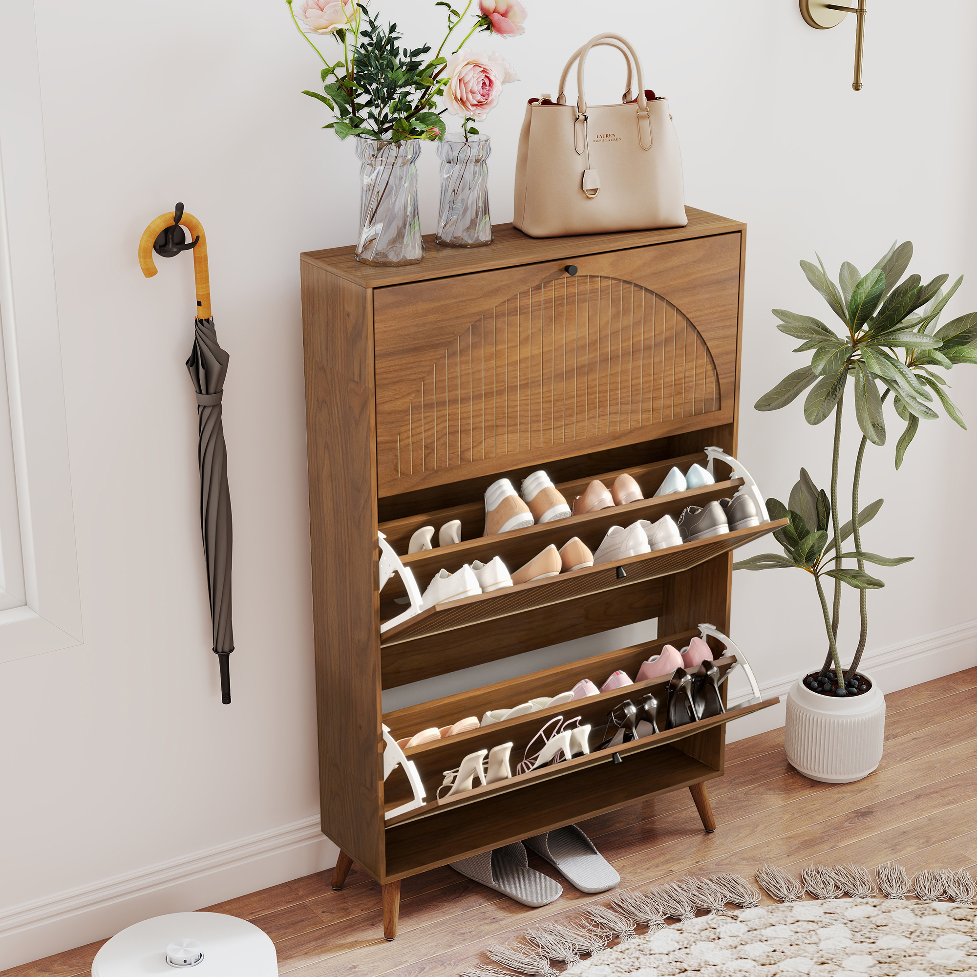 thumbnail video image 2 of Oubayajia Shoe Storage Cabinet with 3 Flip Drawers, Freestanding Organizer for Entryway, Narrow Shoe Rack Cabinet, Walnut, 2 of 9