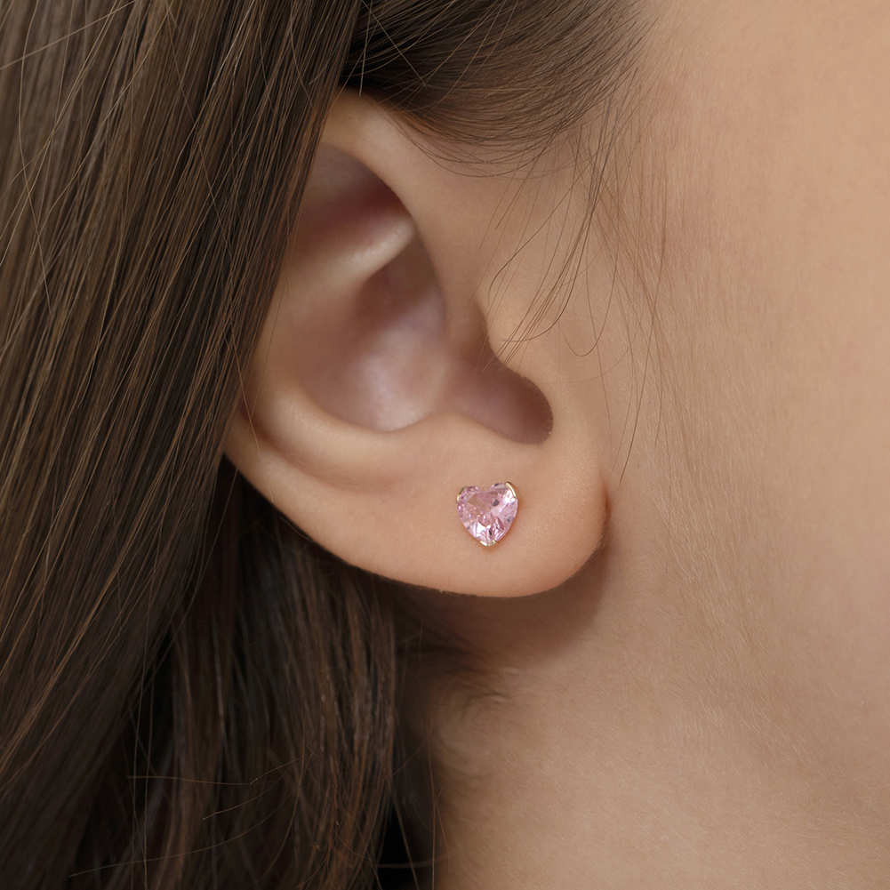 thumbnail video image 2 of 14k Yellow Gold Girls 5mm Simulated Diamond Birthstone Heart Screw Back Earrings, 2 of 8