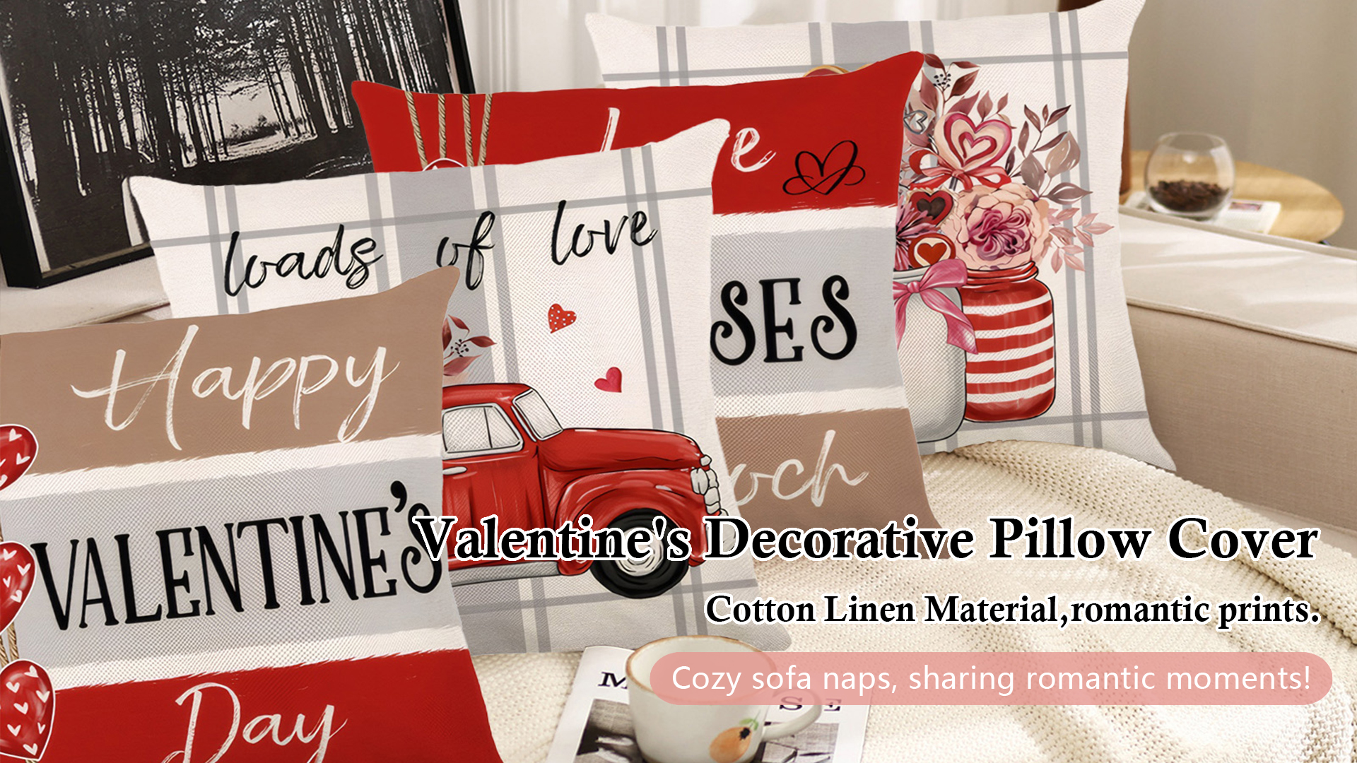 thumbnail video image 2 of FEOYA Linen Pillows Cover 18x18 Inch Throw Pillow Cases Valentine 's Day Pillowcases Printed Pillow Covers Sofa Cushion Covers for Holiday Couch Home Indoor Outdoor Decorations Bedroom, 2 of 7