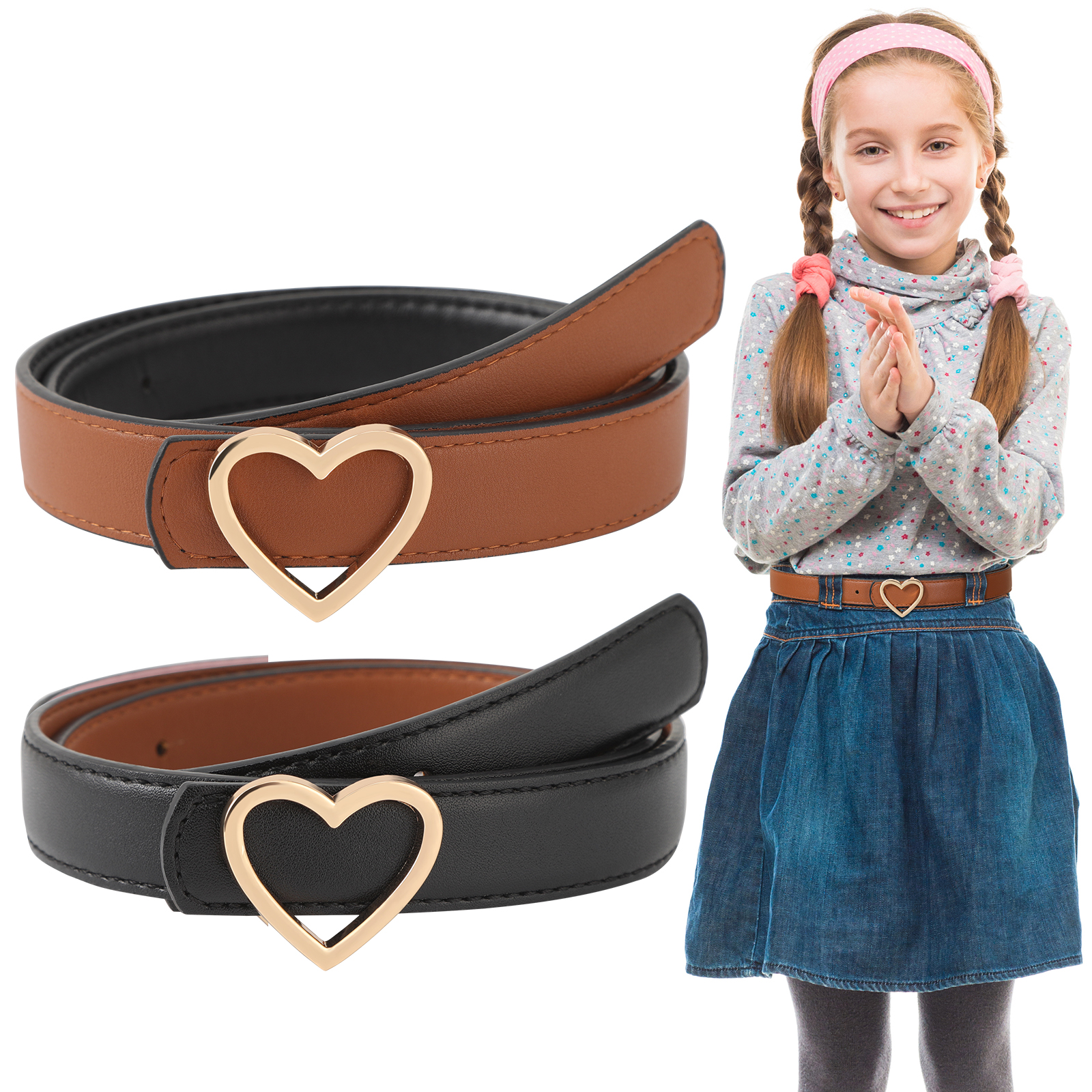 thumbnail video image 2 of AWAYTR Kids Reversible Leather Belt - Heart Buckle Belt Kids Adjustable Belt for Casual Jeans Dress, 2 of 8