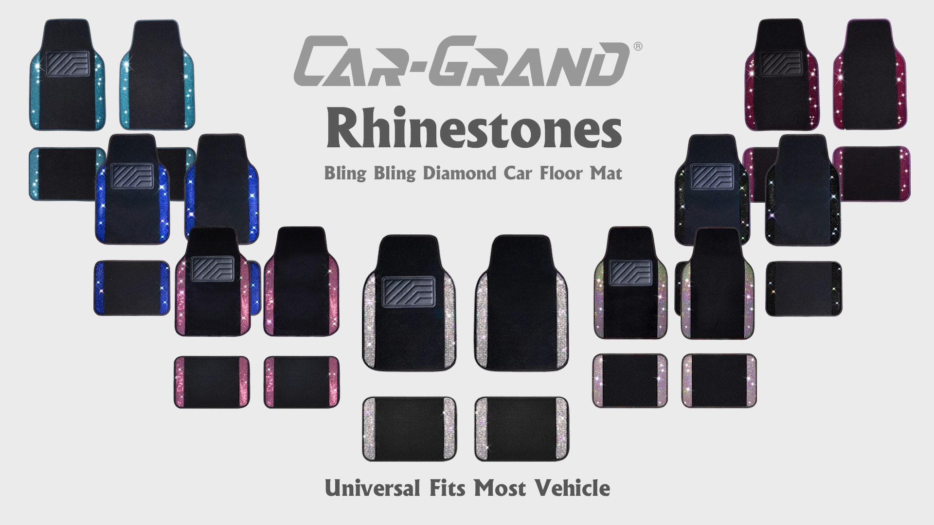 thumbnail video image 2 of Car-Grand Bling Rhinestone Diamond car floor mats shining carpet sparkly glitter crytal with anti-slip heel waterproof universal fit cute girl women 4pcs Purple, 2 of 8